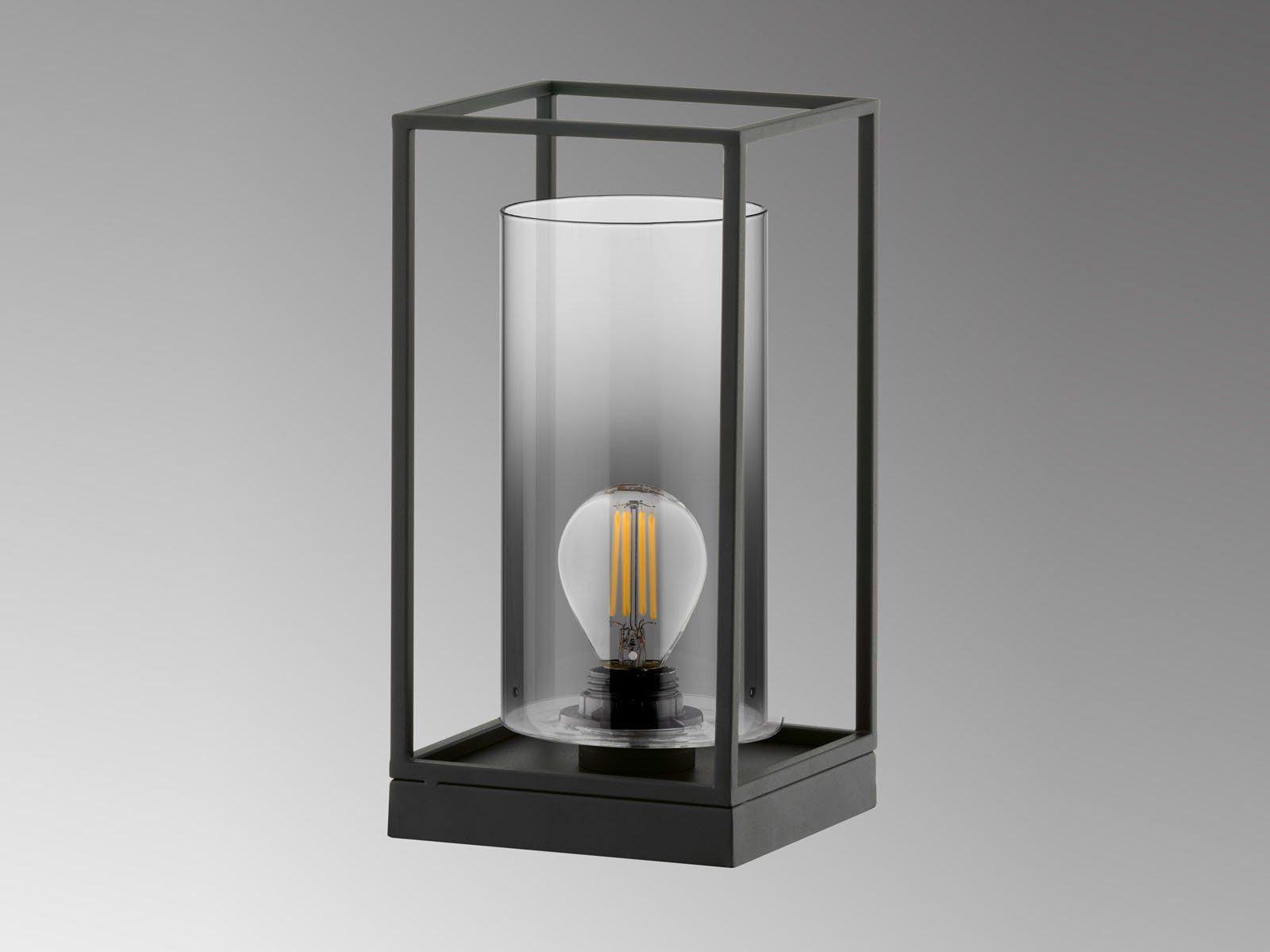 FISCHER & HONSEL LED Nachttischlampe, Dimmfunktion, LED wechselbar, Warmweiß, moderne Tisch-Laterne 16x16cm klein, Lampenschirm Zylinder Rauch-Glas