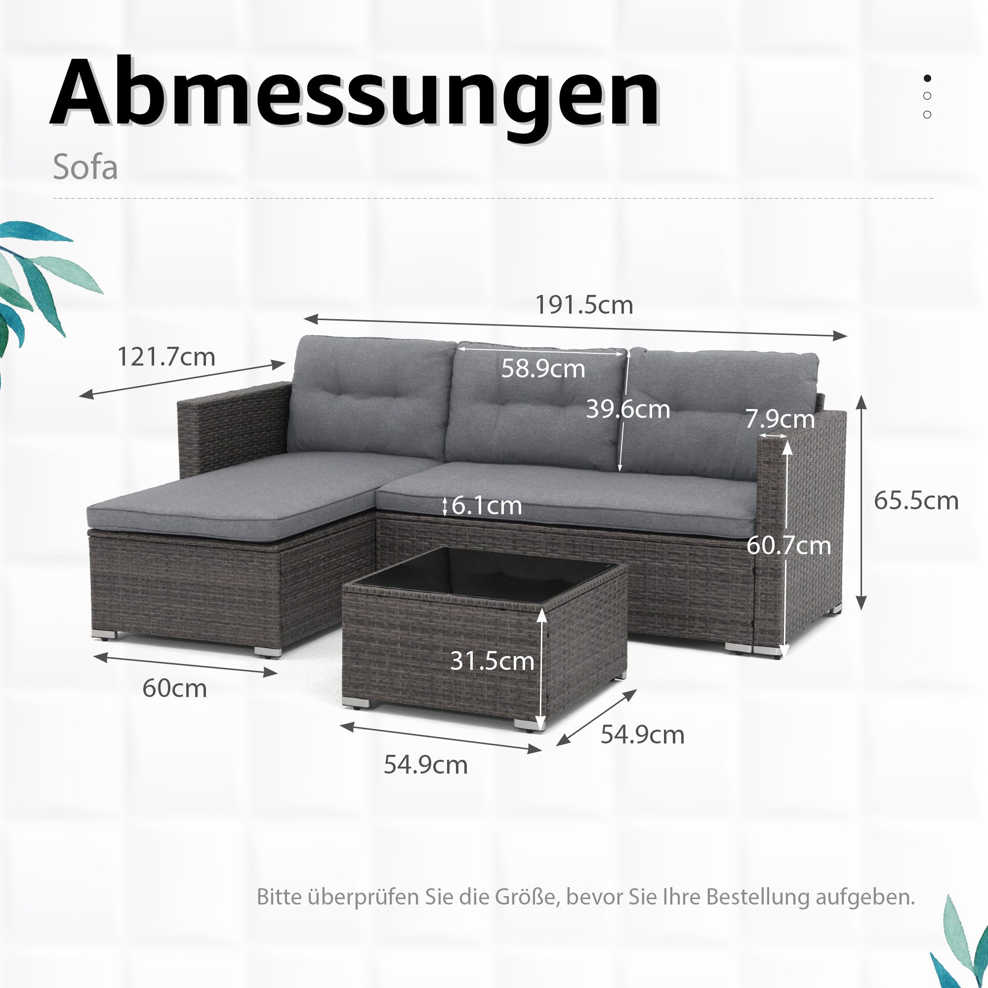 JOIVI Gartenlounge-Set 3-tlg Gartenlounge Set, Gartensofa Set mit Couchtisch, (Outdoor Sitzgruppe für 3-4 Personen, Wetterfest&Stabil,Sitzecke für Garten, Terrasse, Hinterhof, Balkon), Grau Rattan&Grau Kissen