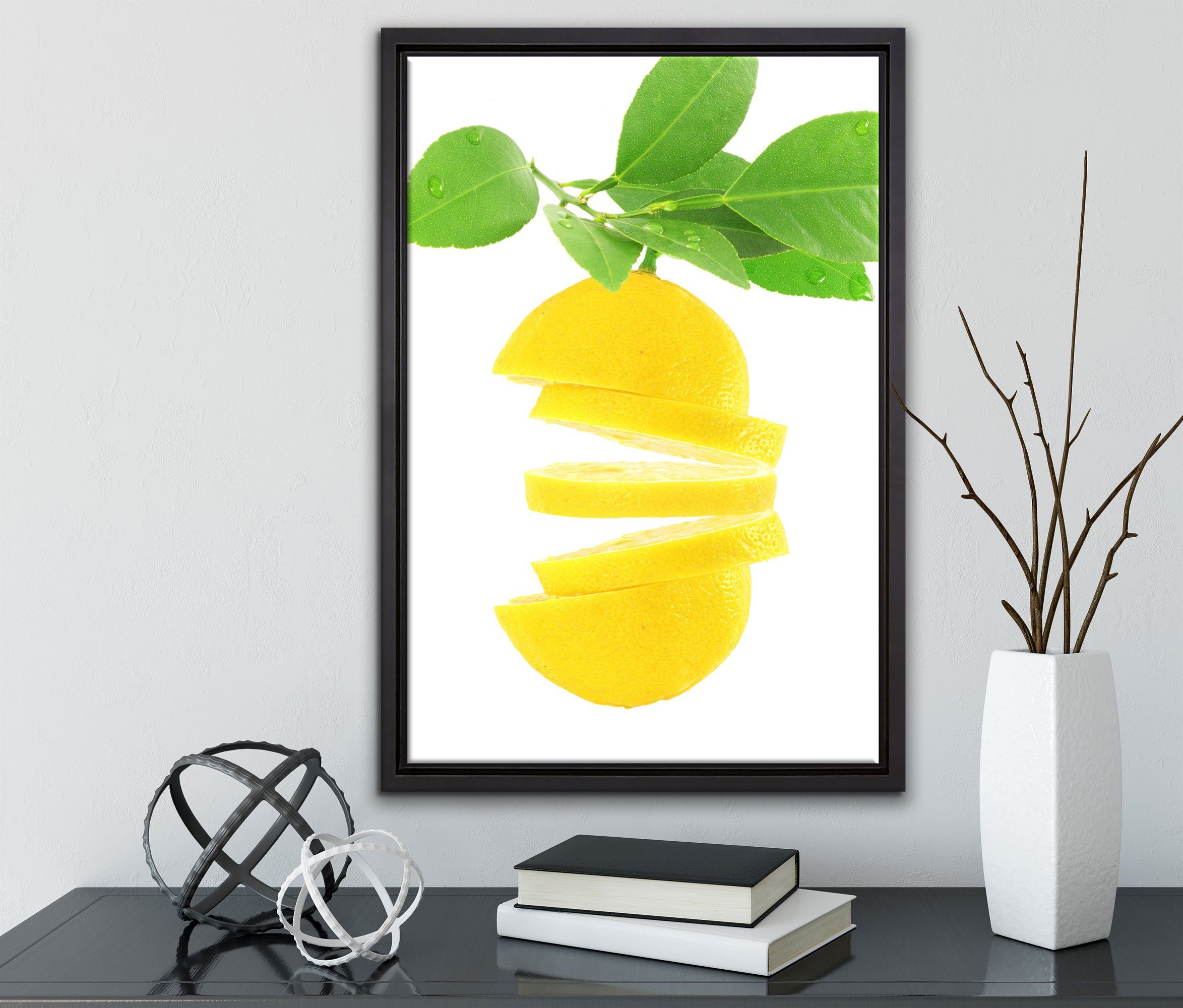 Leinwandbild einem fertig gefasst, Pixxprint Schattenfugen-Bilderrahmen Zackenaufhänger Zitrone, (1 in inkl. Leckere bespannt, Leinwandbild St), Wanddekoration zerschnittene