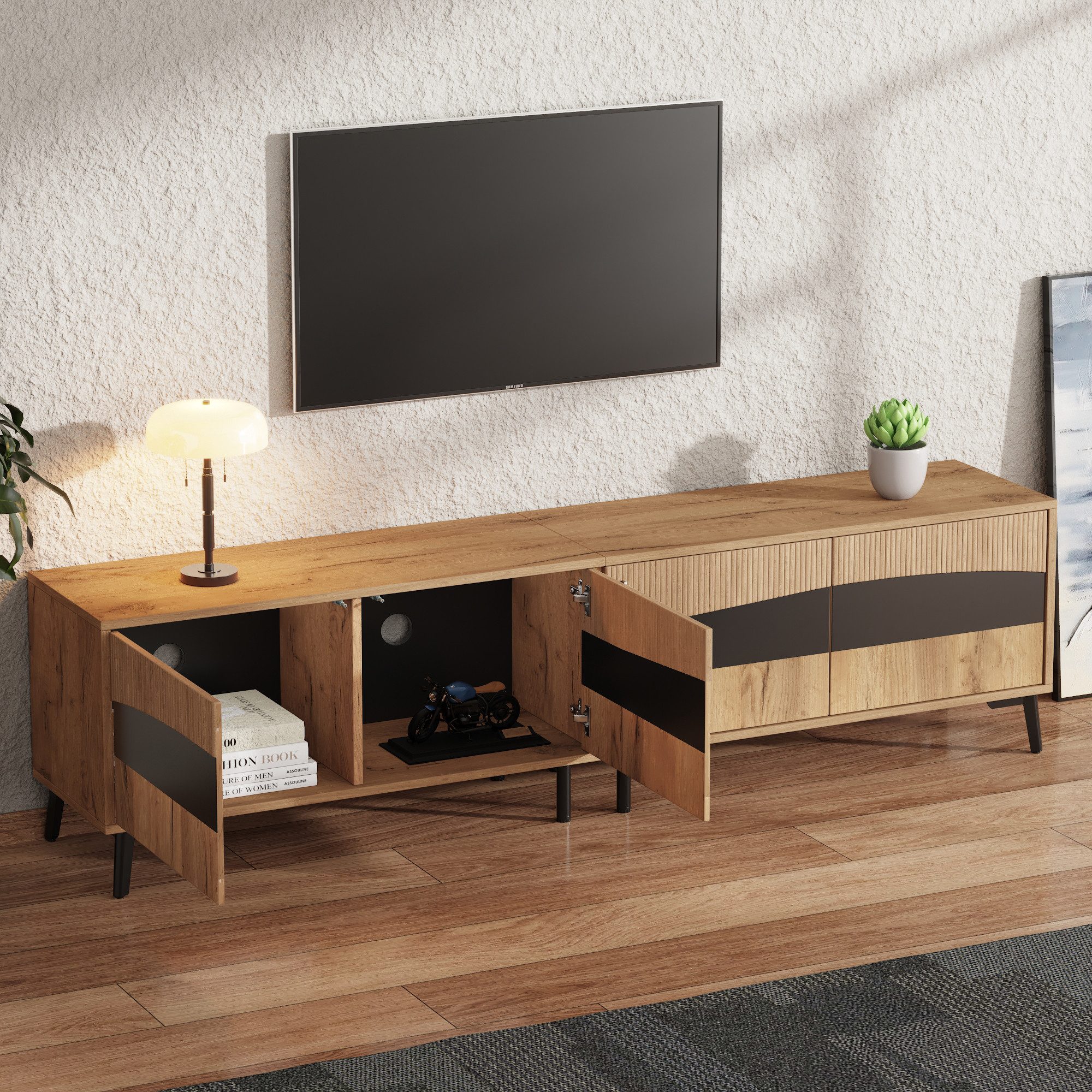 Merax Lowboard mit Holzmaserung-Oberfläche (1 St), TV Schrank mit 4 Schränken und 8 Beinen, Fernsehschrank, 180x40x50cm – Bild 2 von 5
