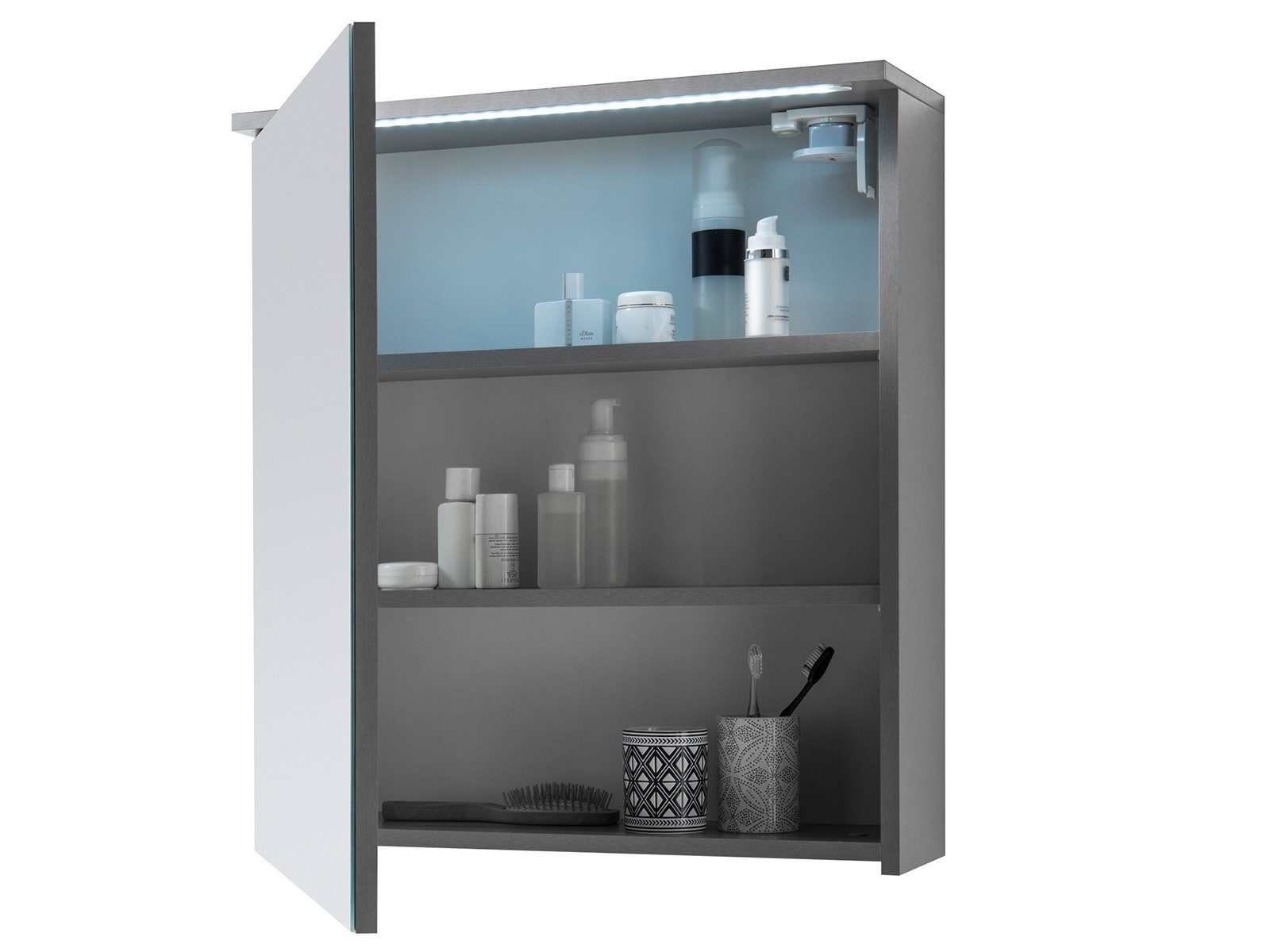 Breite mit cm, Schalter Kirkja cm, Titan aus Spanplatte 60 1 cm. Einlegeböden, LED-Beleuchtung. Spiegelschrank Tiefe 22,5 Spiegeltür, Spiegelschrank, 2 Moderner inkl. möbelando in 68 Stecker, und / Korpus Höhe Weiß,