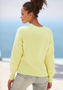 LASCANA Rundhalspullover mit Zopfstrickdetails an den Ärmeln, farbenfroher Strickpullover