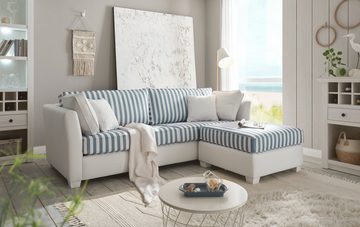 Furn.Design Sofa Hooge, 3-Sitzer in cremeweiß mit blau Landhaus, mit Bonell Federkern, inklusive Hocker