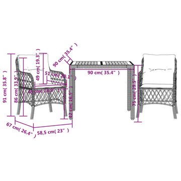 vidaXL Gartenlounge-Set 3-tlg. Bistro-Set mit Kissen Schwarz Poly Rattan, (3-tlg)