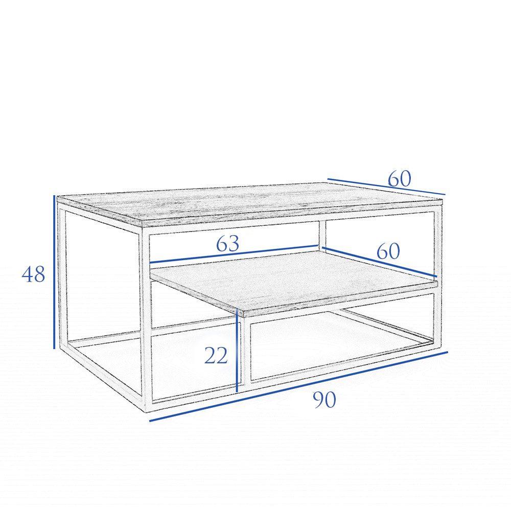 Design Möbel Couchtisch Moderner Couchtisch mit Ablage Stahlgestell, 90x60x48 cm