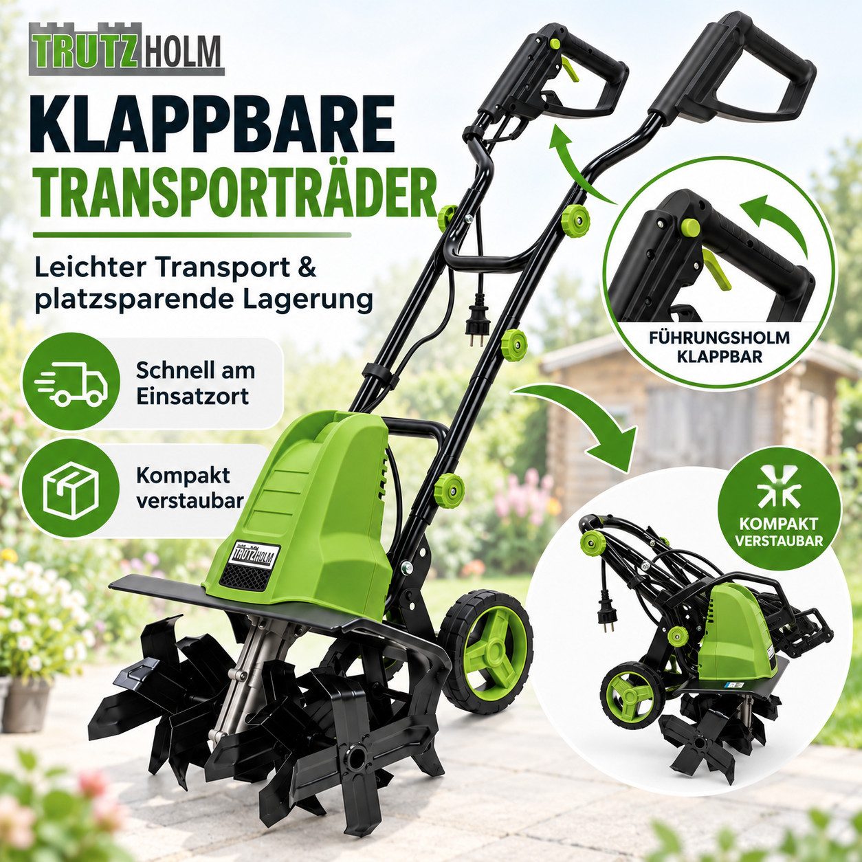 TRUTZHOLM Gartenhacke 24 Hackmesser 45 cm breit 22 cm tief 1500 W klappbare Transporträder, 45 cm Arbeitsbreite, Artikel, 1 St., Ergonimisches Design – Bild 4 von 5