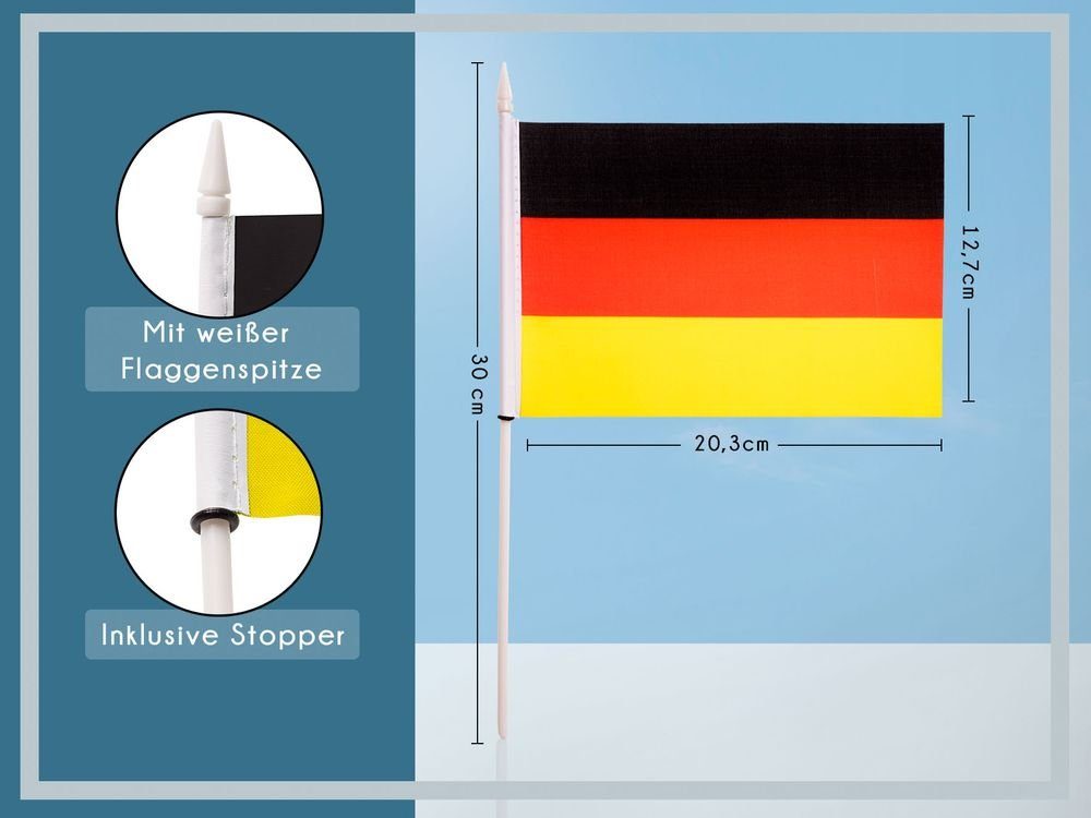 FLAGS Stockfahne Deutschland Handflagge Set Flaggen Handfahne Flagge mit zur (10er Fähnchen PHENO Stab Deko),