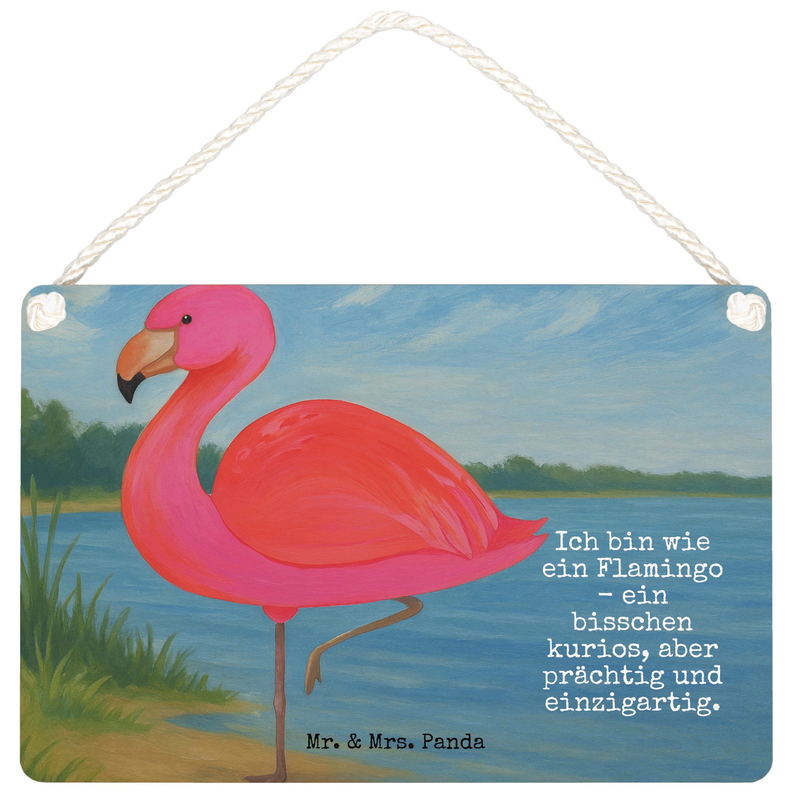Mr. & Mrs. Panda Hinweisschild Flamingo Classic Design, holzbild DIN A6, Weiß, Schild, wandtafel, Pr, (Packung), Dekobrett Spruch wandtafel