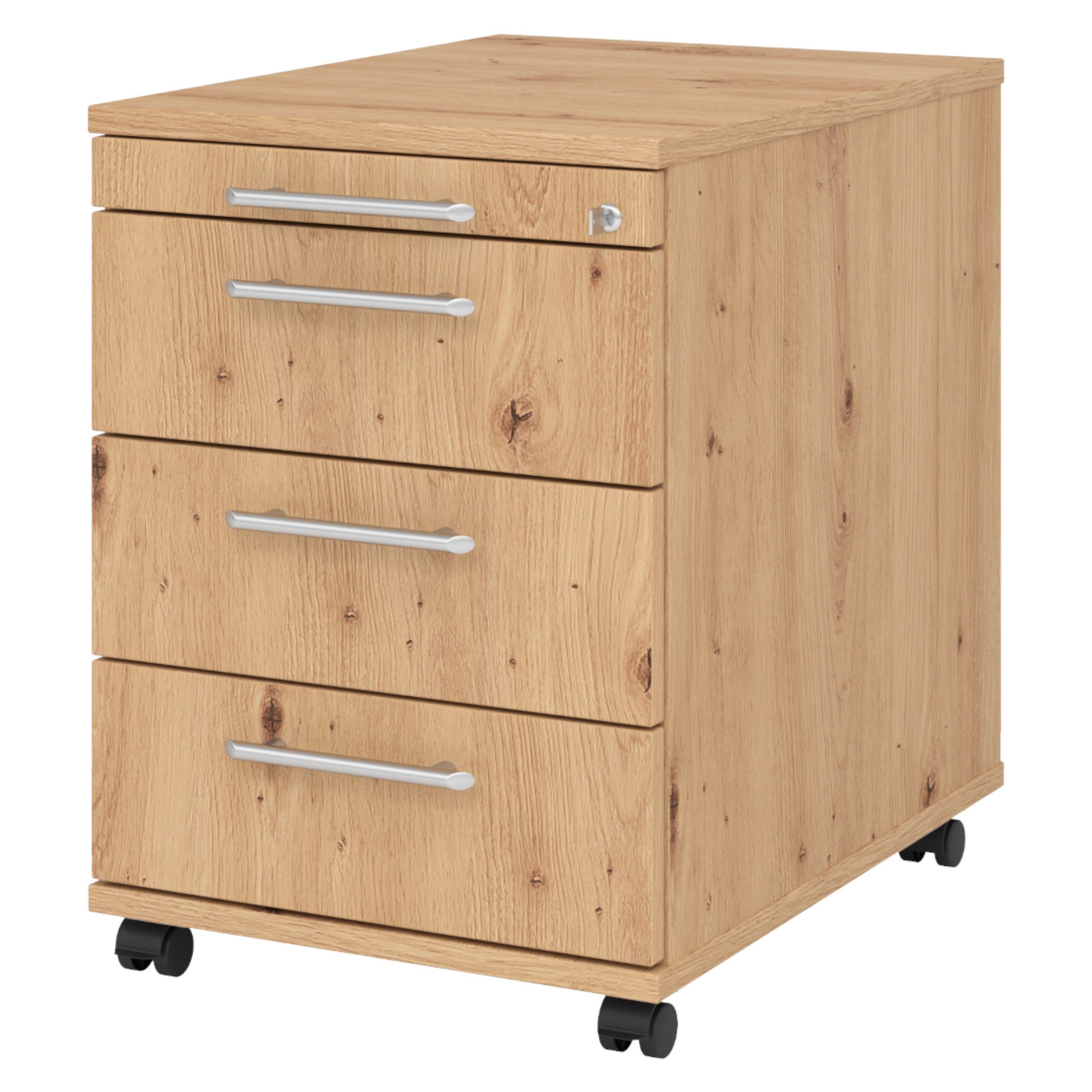 bümö Rollcontainer office Bürocontainer - 3 Materialschubladen, Dekor: Asteiche mit Relinggriff (Kunststoff)