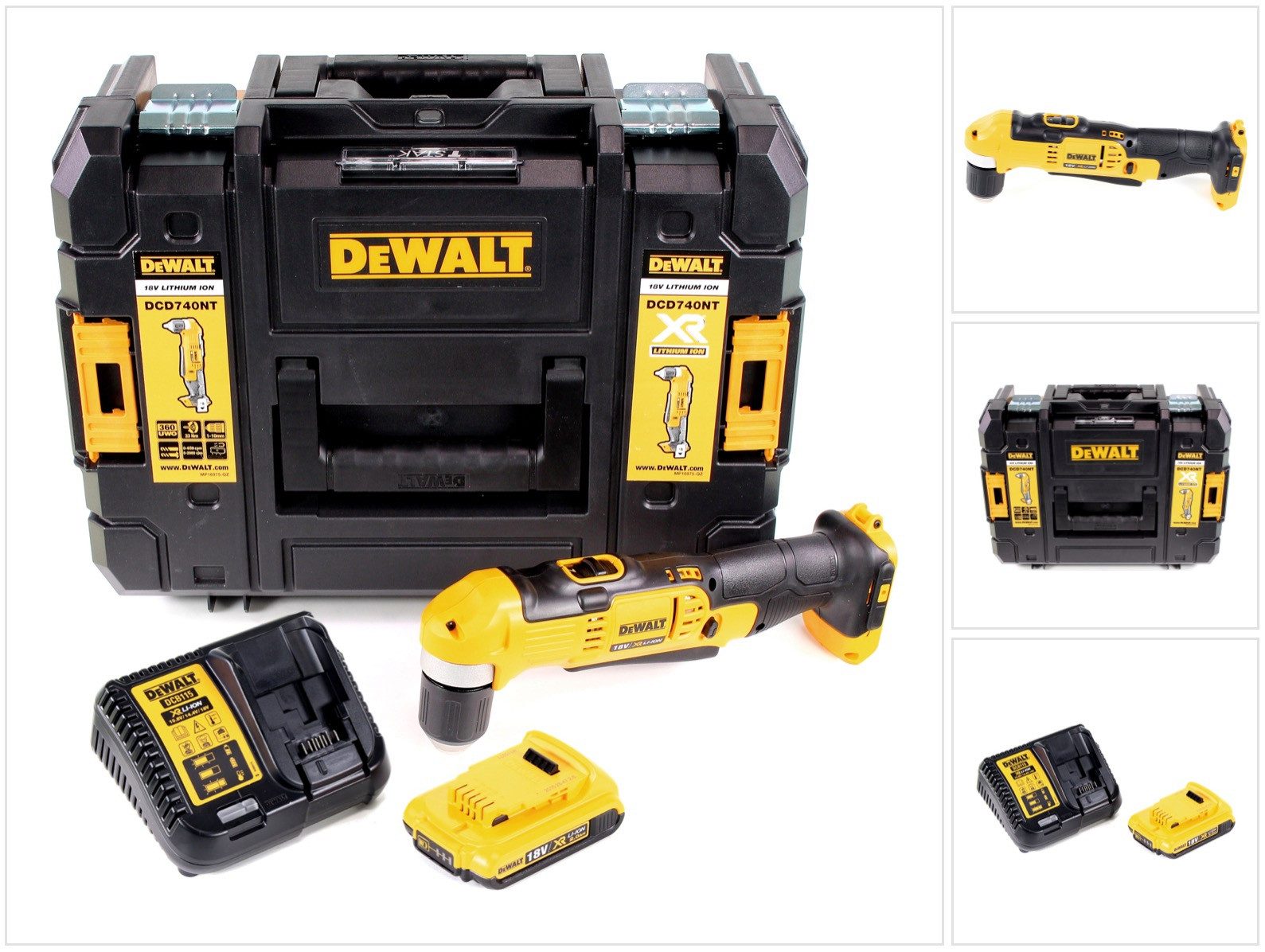 DeWalt Akku-Winkelbohrmaschine DCD 740 D1 18V 33Nm + 1x Akku 2,0Ah + Schnellladegerät + TSTAK