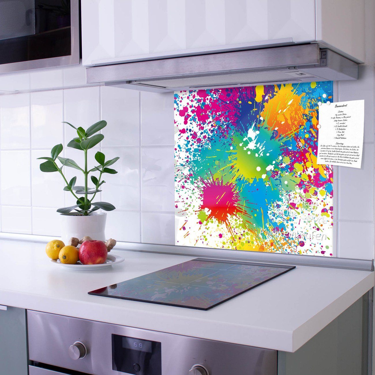 banjado Küchenrückwand Küchenrückwand Farbspritzer, (gehärtetes Glas, inklusive 4 Magnete & 1 Kreidestift)