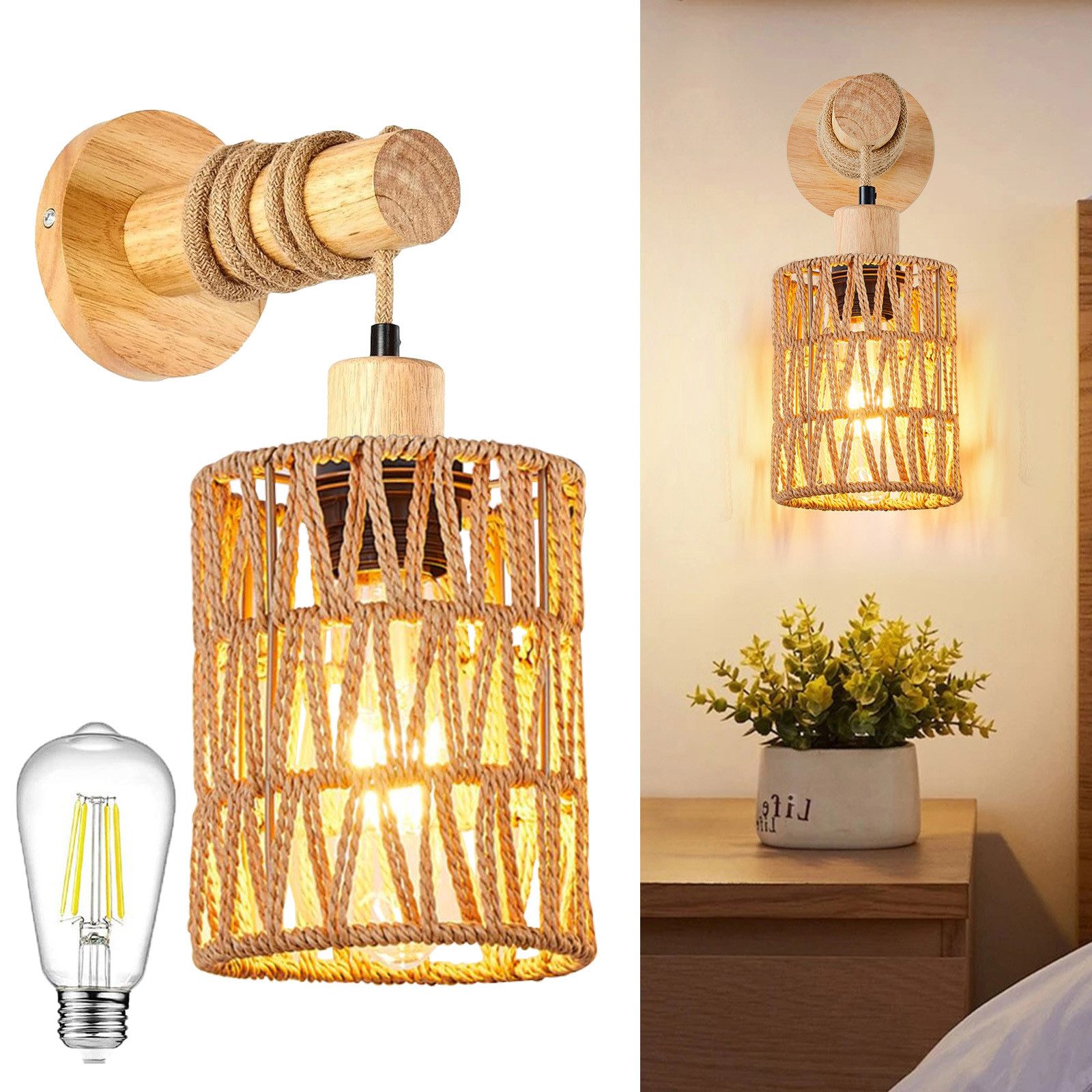 MUPOO LED Wandleuchte Vintage Innen Wandleuchte,E27 Retro Holz Wandlampe, W günstig online kaufen