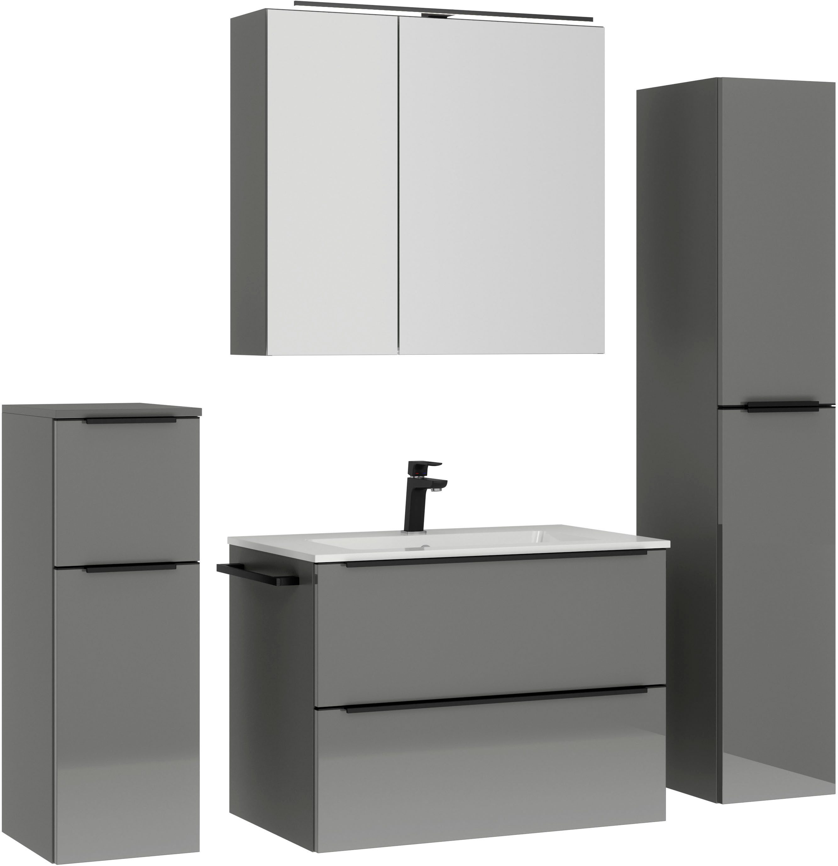 nobilia® Badmöbel-Set Levere, (4-St., vormontiert, mit Soft-Close), inkl. Spiegelschrank mit Beleuchtung und Dimmerfunktion, in 4 Breiten