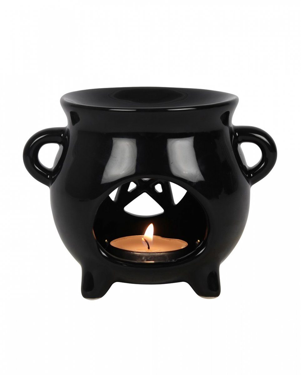 Horror-Shop Kerzenständer Schwarze Duftlampe als Hexenkessel mit Pentagramm