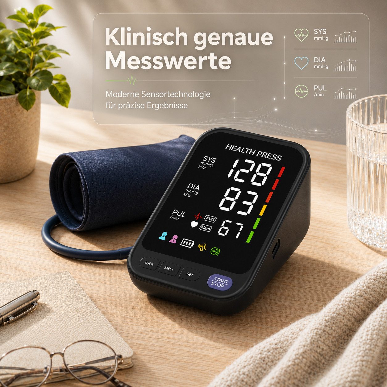 Health Press Oberarm-Blutdruckmessgerät Blutdruckmessgeraet für den Oberarm, Mit WHO-Farbskala, Pulserkennung & Speicher für 2 Nutzer