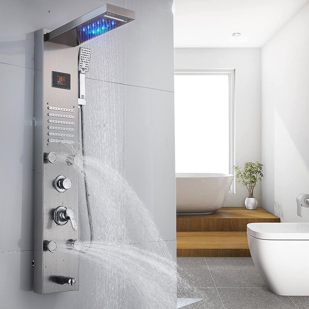 XERSEK Duschsystem Duschpaneel Regendusche Edelstahl Dusche Armaturen mit Massagedüsen, 3 Strahlart(en), Edelstahl, Siber / Matt Schwarz, mit Massagedüsen