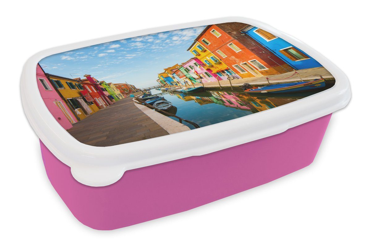 MuchoWow Lunchbox Italien - Häuser - Farben, Kunststoff, (2-tlg), Brotbox für Erwachsene, Brotdose Kinder, Snackbox, Mädchen, Kunststoff rosa