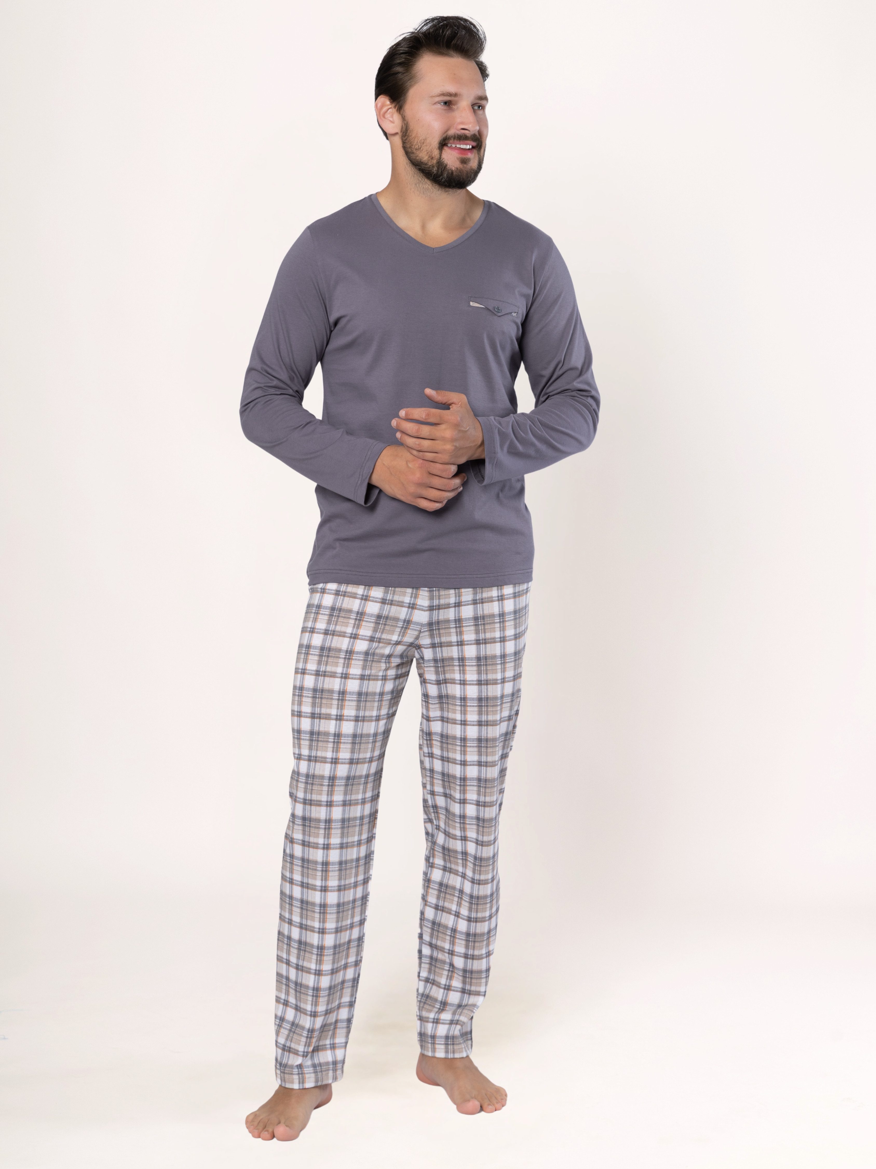 HOTBERG Pyjama langer Schlafanzug aus Baumwolle Karo-Pyjamahose, Made in EU günstig online kaufen