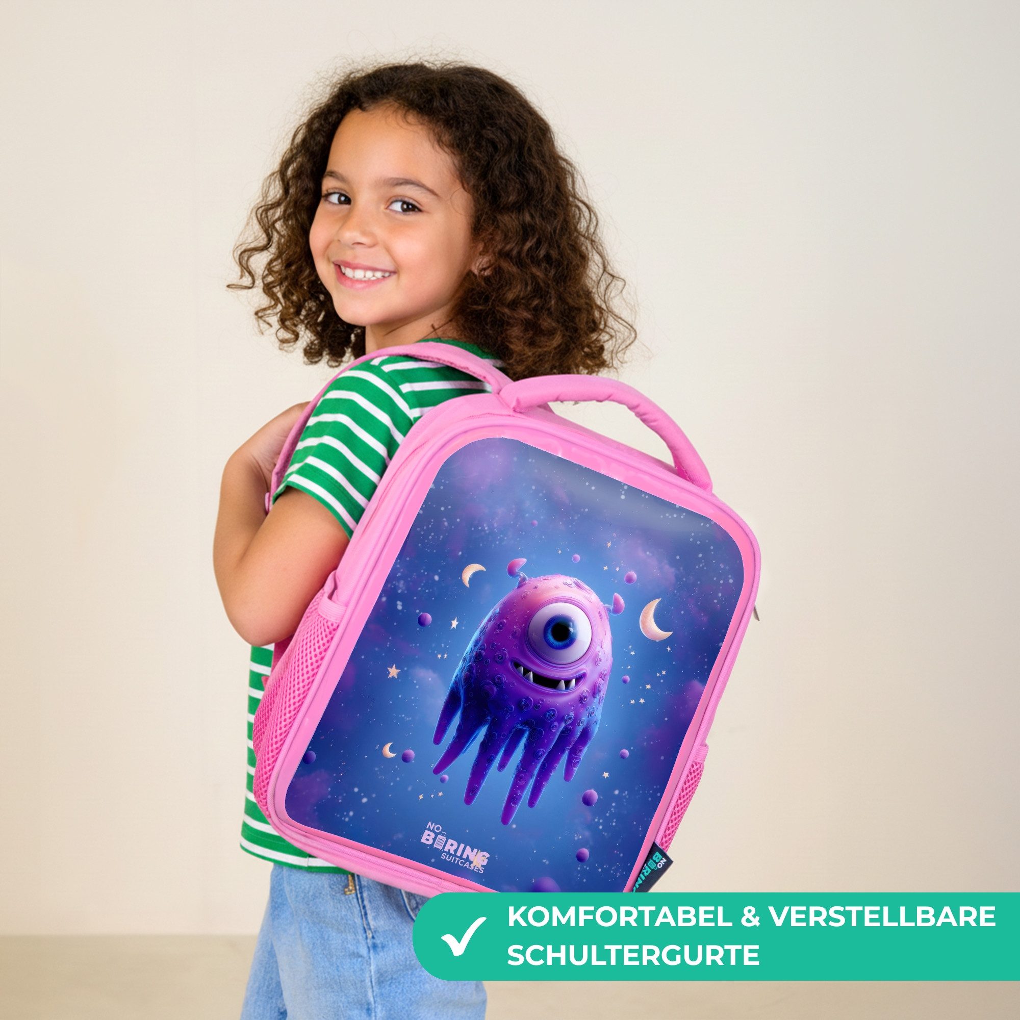 NoBoringSuitcases.com© Rucksack Rosa - Fröhliches Augenpaar im Weltraum, Kinderrucksack, Schulrucksack, Freizeitrucksack, Mädchen, Kindergarten