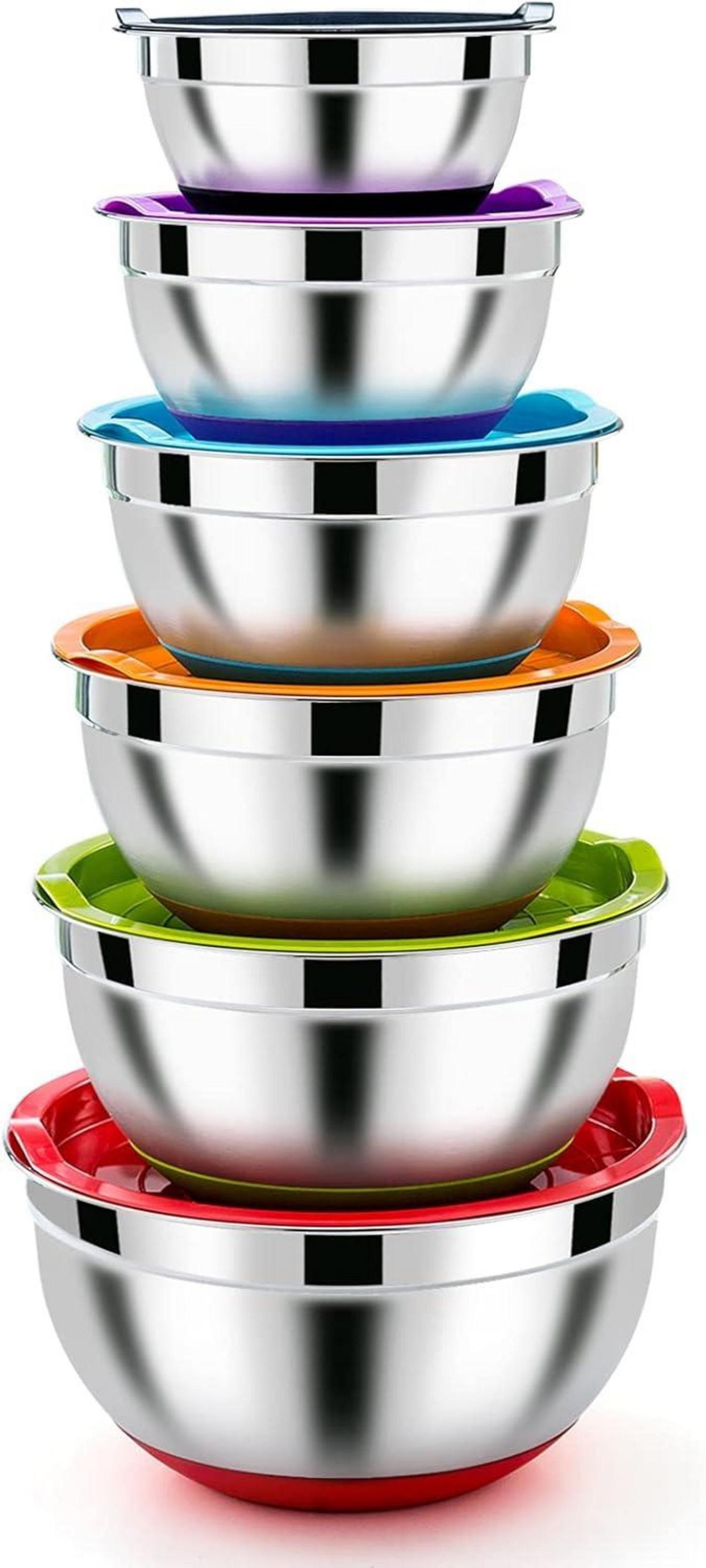 6-teiliges Edelstahl-Rührschüssel-Set Mit Deckeln & Reibeaufsätzen – Stapelbar, Spülmaschinengeeignet, 0,7 Bis 4,5 Liter