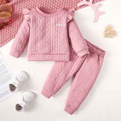 Gluckids Top & Hose Baby Mädchen Jacquard Langarmtops & Hosenanzug Rüsche Baby-Outfit Sets (2-tlg) Babykleidung Pullover Top + Strickhose Babyset für Frühling & Herbst