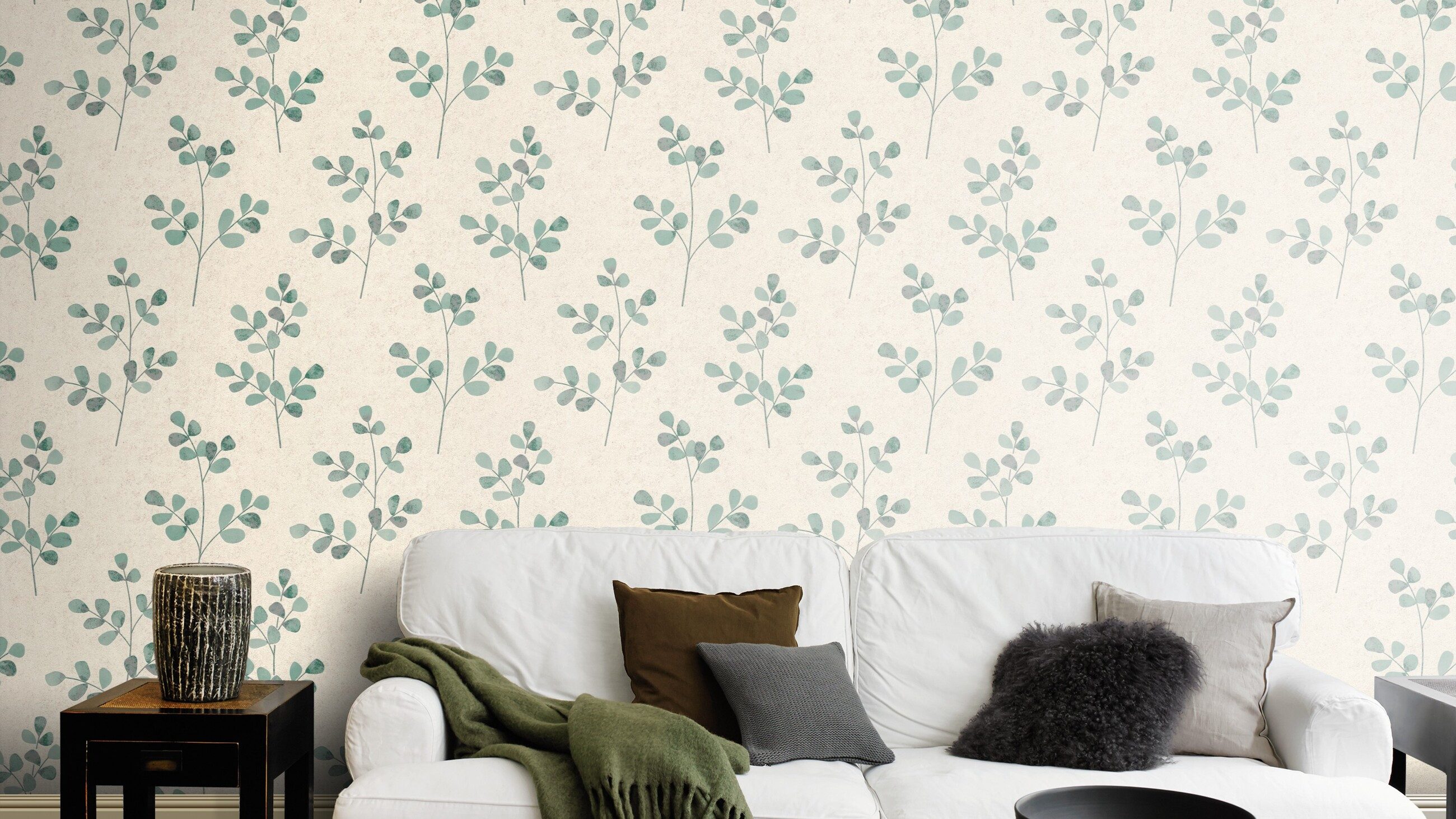 Rasch Vliestapete Blätter & Zweige - Vliestapete Beige Grün, floral, Putzoptik, (1 Rolle, 1 St., 10,05 m x 0,53 m), Lichtbeständige Farben - Feucht abwischbar - Restlost abziehbar