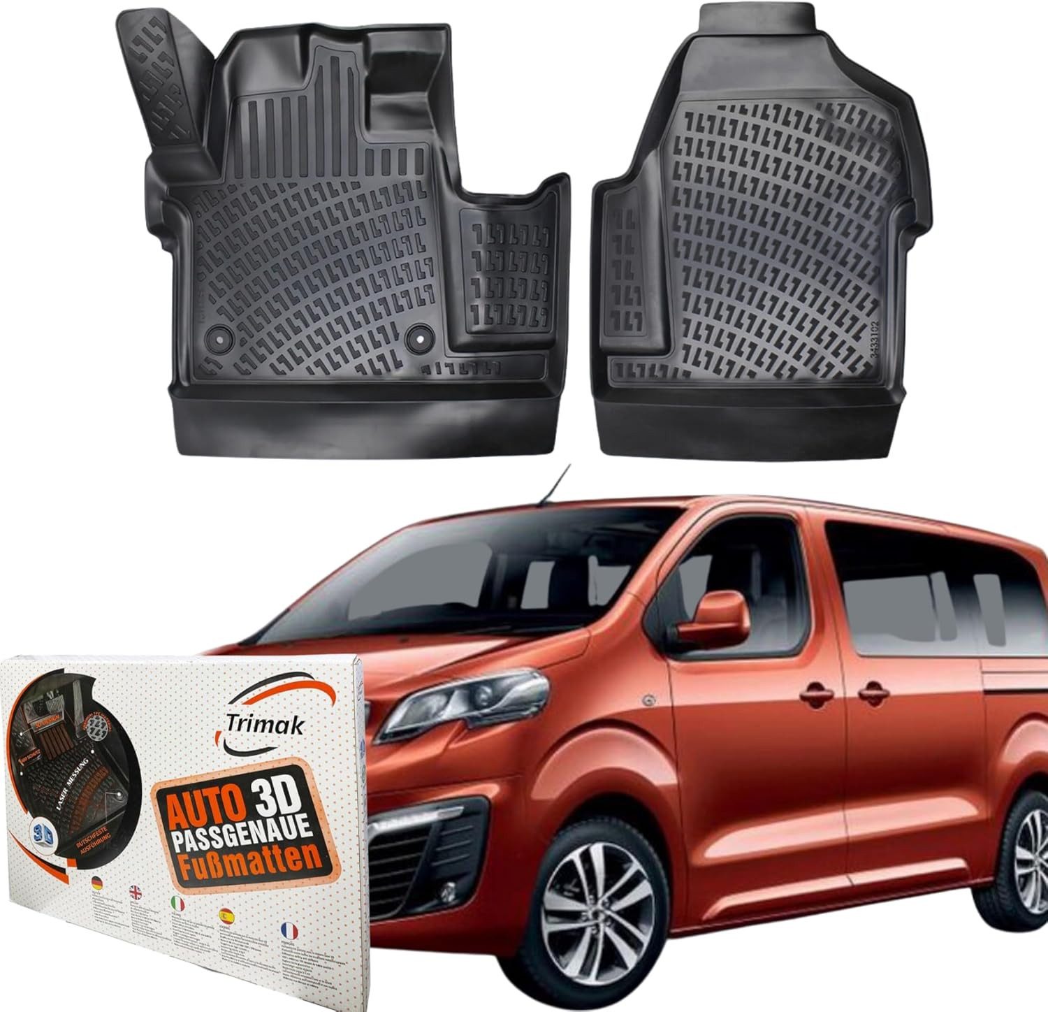 Trimak Passform-Fußmatten Oder Kofferraumwanne Oder Set kompatibel mit Peugeot Expert, Peugeot Expert Traveller 3. Gen ab 2016 Gummimatten Auto TPE Allwetter