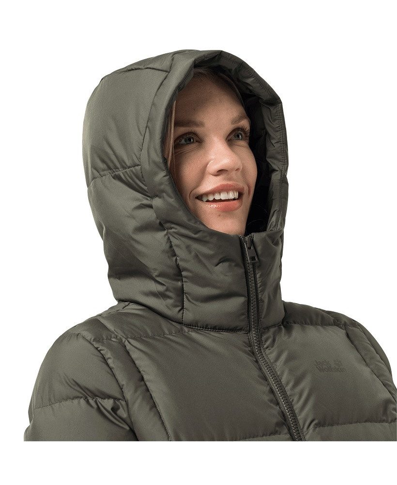 Jack Wolfskin Daunenmantel Frozen Lake Coat (winddicht, wasserabweisend) graugrün Damen