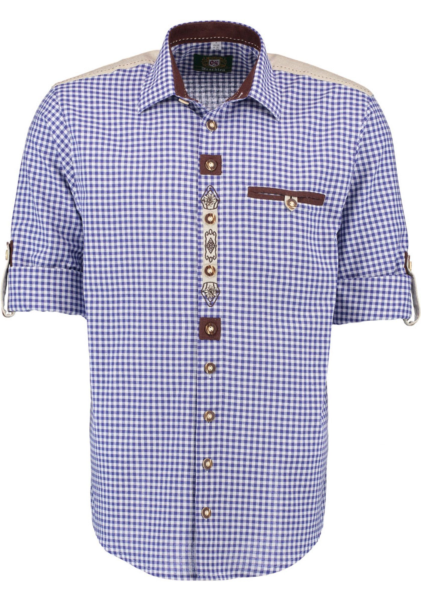 OS-Trachten Trachtenhemd Ozido Langarmhemd mit kornblau auf der Stickerei Knopfleiste