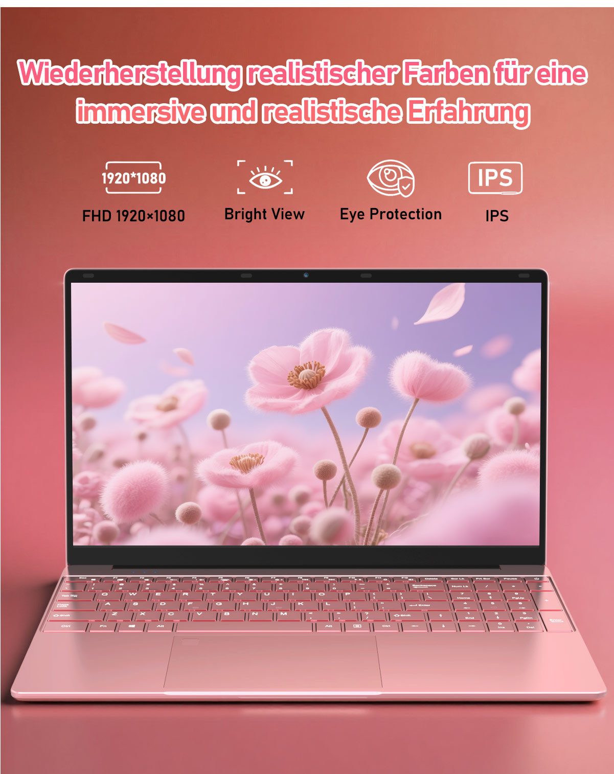 Molegar 15,6-Zoll Laptop für Studenten, Hintergrundbeleuchtete Tastatur Notebook (39,6 cm/15.6 Zoll, Intel Celeron 5205U, Intel® UHD Graphics, 8 GB, 256 GB SSD, Fingerabdruckleser, 180° Scharnier, 6000mAh lange Akkulaufzeit) rosa