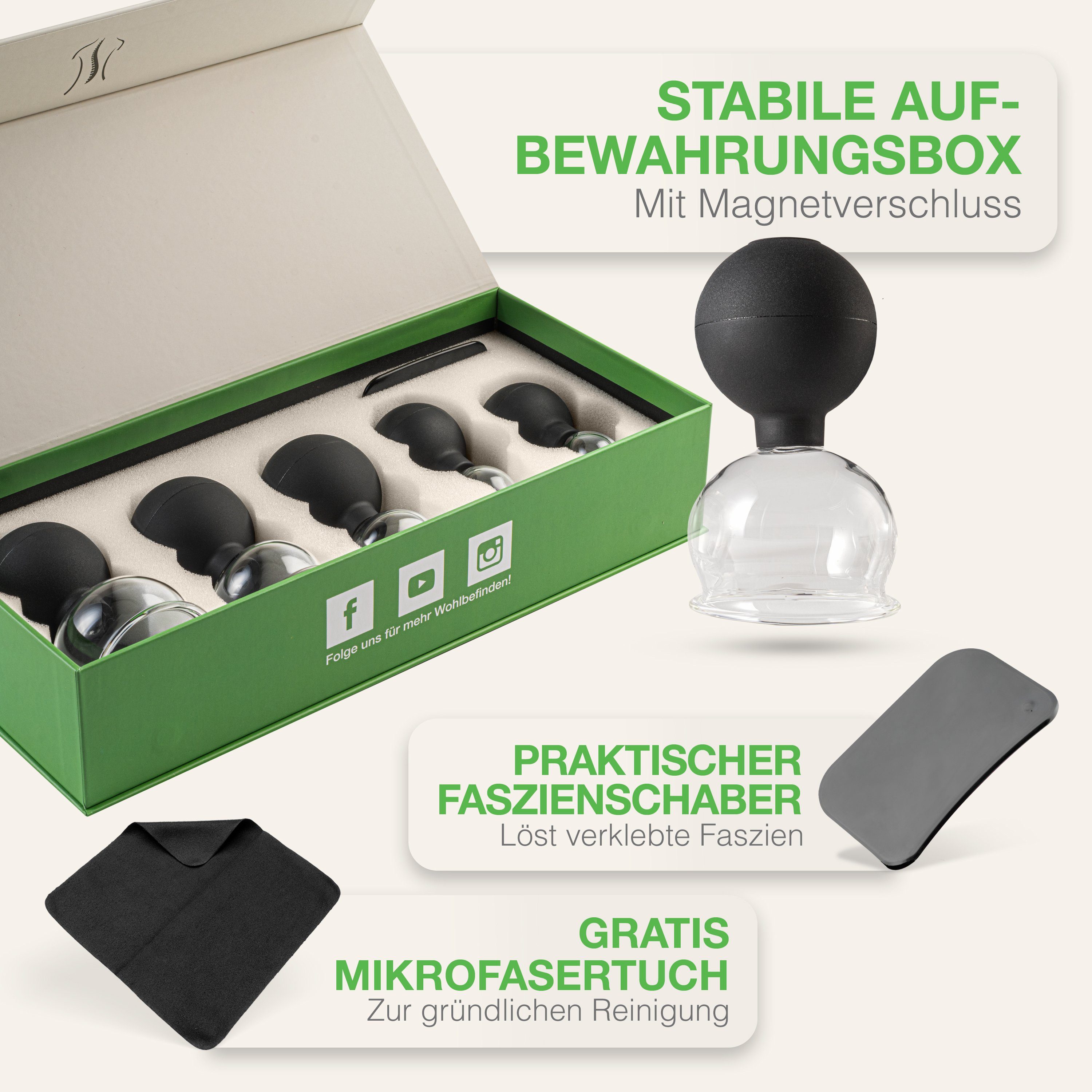 BACKLAxx® Vakuum-Massager Schröpfgläser Set aus Echtglas mit Silikon Saugball, 7-teiliges Set, inkl. 5x Glocken, 1x Faszienschaber, 1x Mikrofasertuch, vielseitig anwendbar gegen Verspannungen & als Face Cupping Set