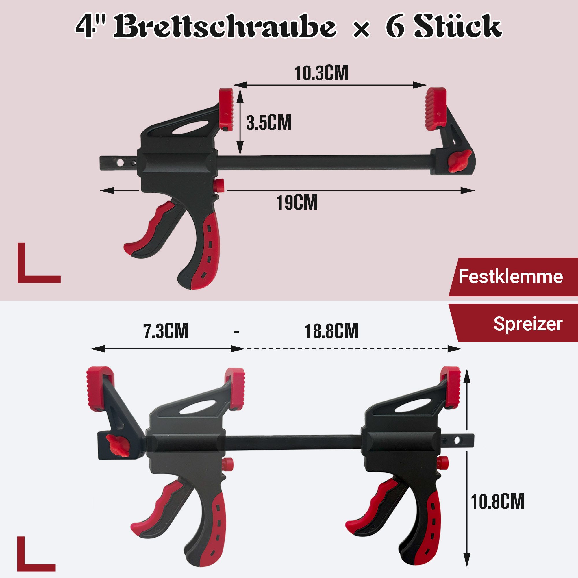 Thanaddo Zwinge Schraubzwinge Set Einhandzwingen Set, (4 Zollx6;6 Zollx2+12 Zoll;12 Zollx6, 6 St., 2 in 1 Spannkraft 70kg), für präzises Fixieren Holzarbeiten, Heimwerken Klemmen