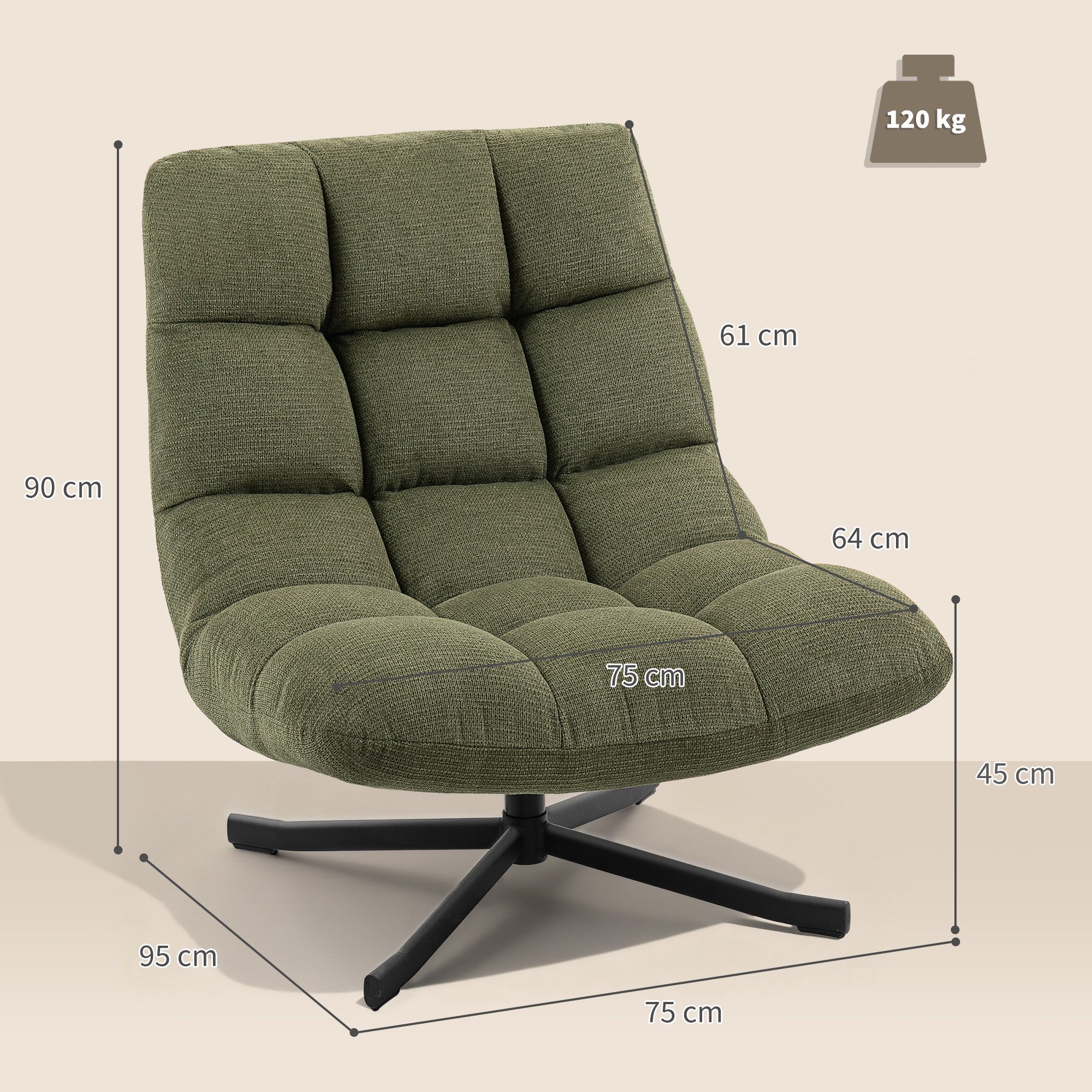 HOMCOM Relaxsessel Sessel Drehbar mit Breiter Sitzfläche, gepolstert (gepolstert Sessel, 1-St., Drehbar Loungesessel), für Wohnzimmer, Schlafzimmer, Grün
