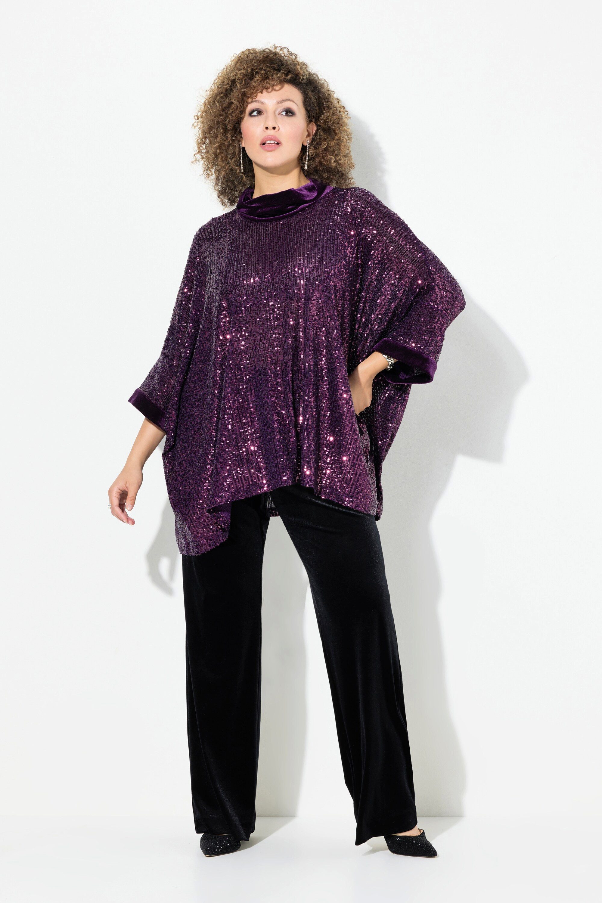 Ulla Popken T-Shirt Pailletten-Shirt Oversized Samt-Rollkragen günstig online kaufen