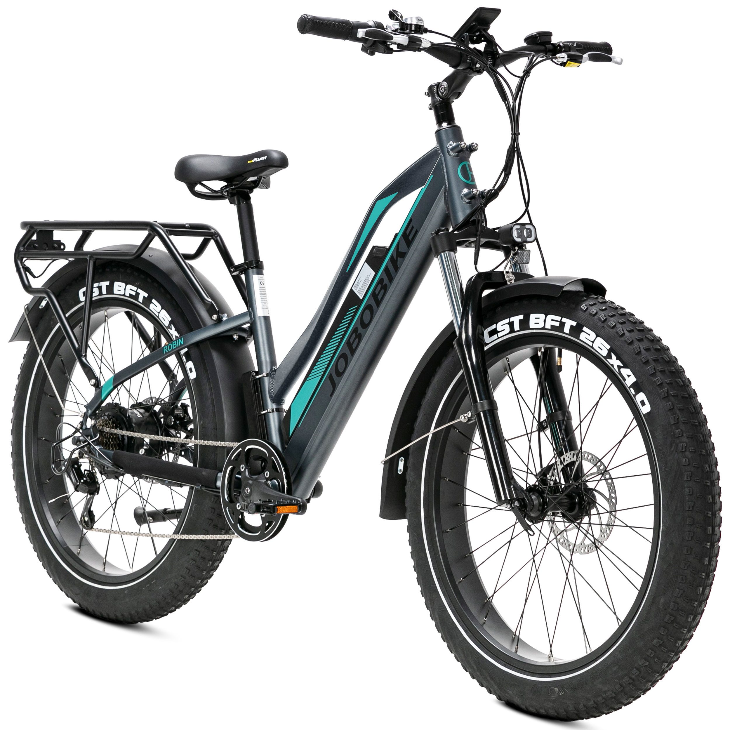 JOBOBIKE E-Bike Mountainbike Damen u. Herren 26x4'' Elektrofahrrad Robin, 624Wh, 130km, für Gelände, 7 Gang Shimano, Kettenschaltung, Heckmotor, 624 Wh, (Tiefeinsteiger-Rahmen, MTB Hardtail Fahrrad, für Gelände und Alltag), 250 W Heckmotor, 48 V Akku abnehmbar, Fatbike mit Scheibenbremse