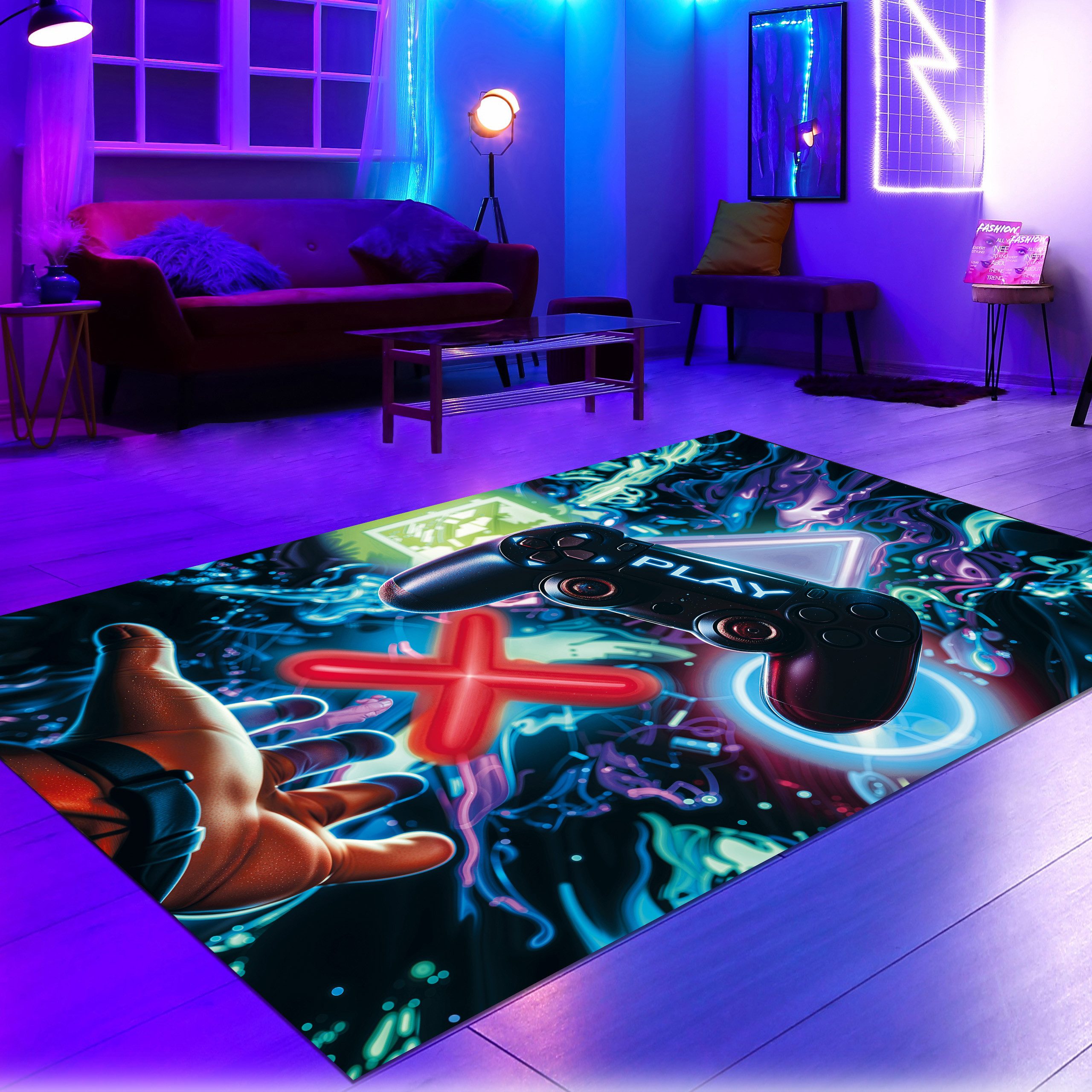 Carpetia Designteppich Gaming Teppich, rechteckig, Höhe: 5 mm, mit grafischen Gaming-Motiven in Neon-Optik