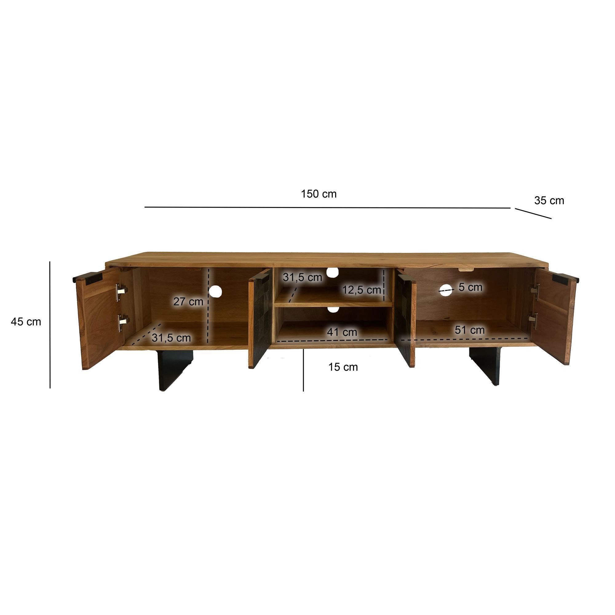 FINEBUY Lowboard FB111631 TV Board Akazie Massivholz 150 cm mit Steinoptik Fronten Groß (vier Türen, 150 cm, Akazie Massivholz Steinoptik), TV-Schrank Industrial Fernsehtisch, TV-Kommode