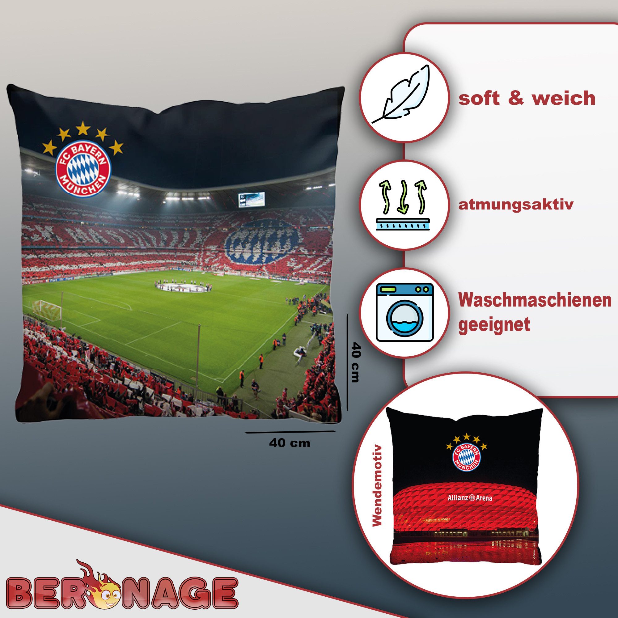 BERONAGE Dekokissen FC Bayern München Kissen Allianz Arena 40x40 cm Fußball-Kuschelkissen, passend zur Bettwäsche, ideal für Sofa, Couch, Bett, Auto, Camping