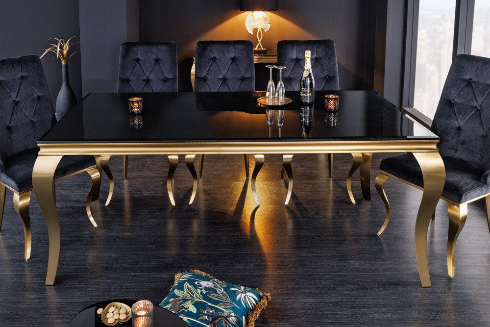 riess-ambiente Esstisch MODERN BAROCK 200cm schwarz / gold (Einzelartikel, 1-St), Küche · Opalglas · Edelstahl · eckig