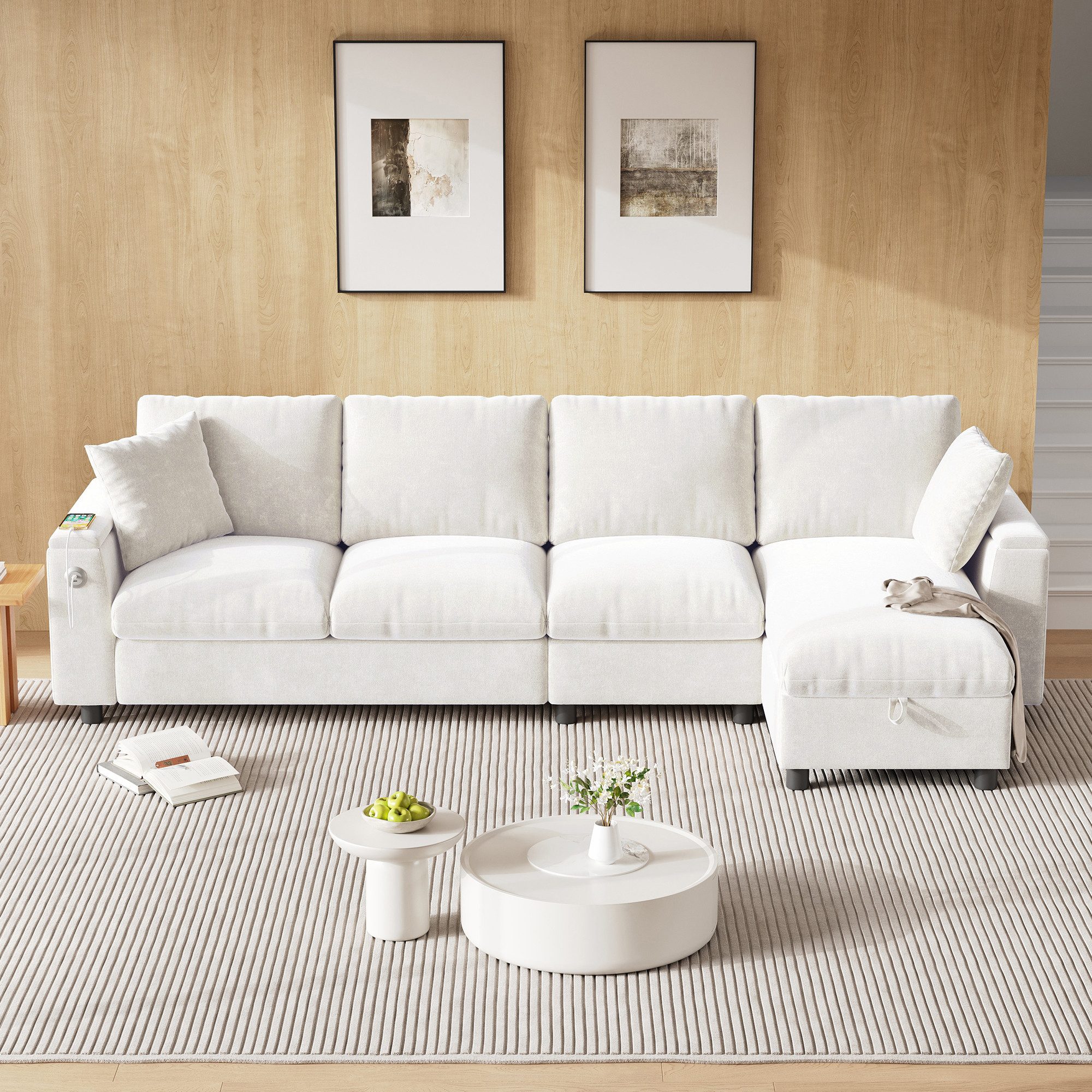 Flieks Ecksofa mit 1 USB und 1 Typ-C, Links und rechts austauschbar, 4-Sitzer, L-förmig Chenille-Stoffsofa mit Bettkasten & 2 Zierkissen grau