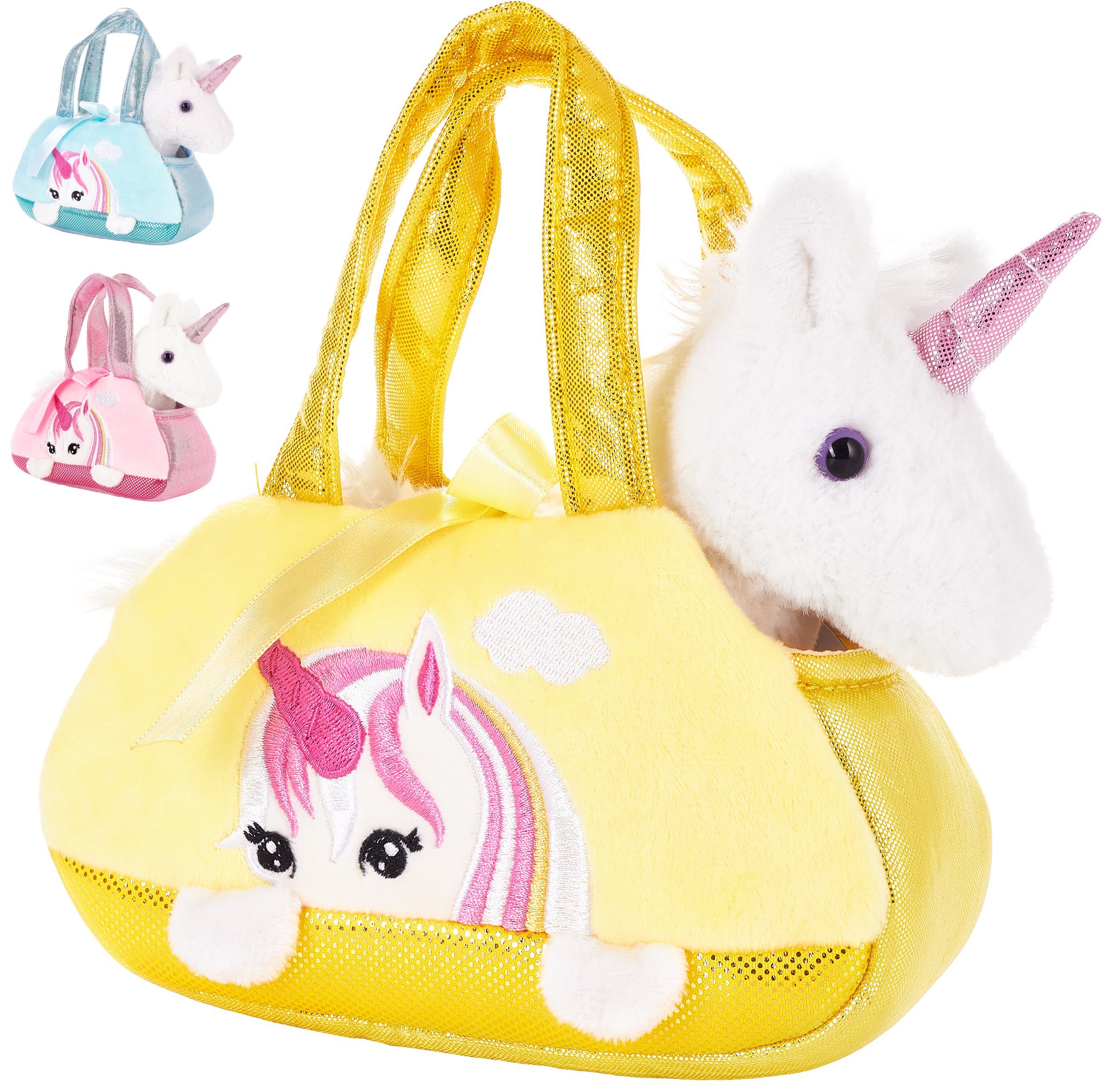 BRUBAKER Kuscheltier Einhorn Tasche Weiß 20 cm (1-St., Plüschtier in Handtasche), Glitzer Stofftier