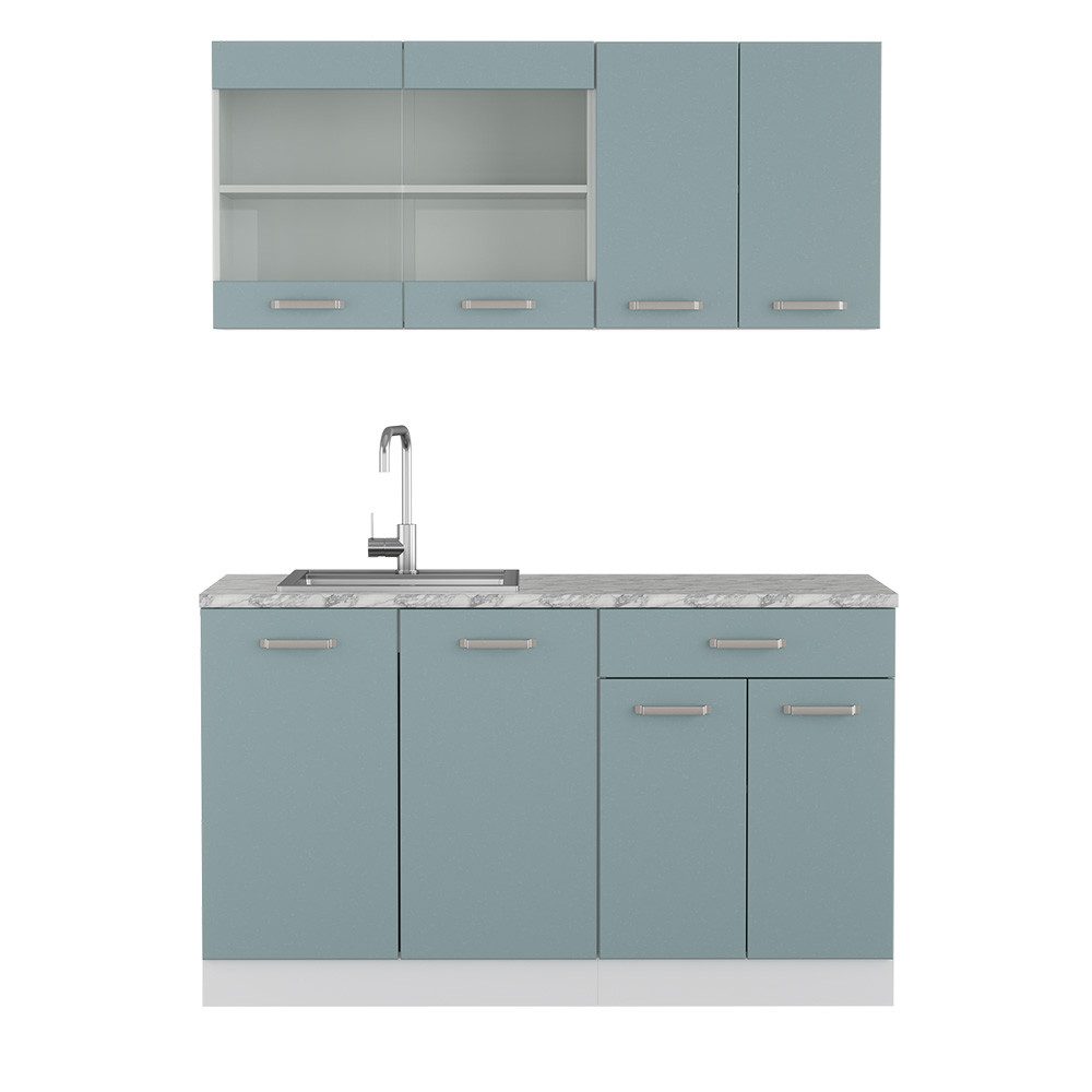 Vicco Küchenzeile R-Line, Blau-Grau/Weiß, 140 cm mit Arbeitsplatte