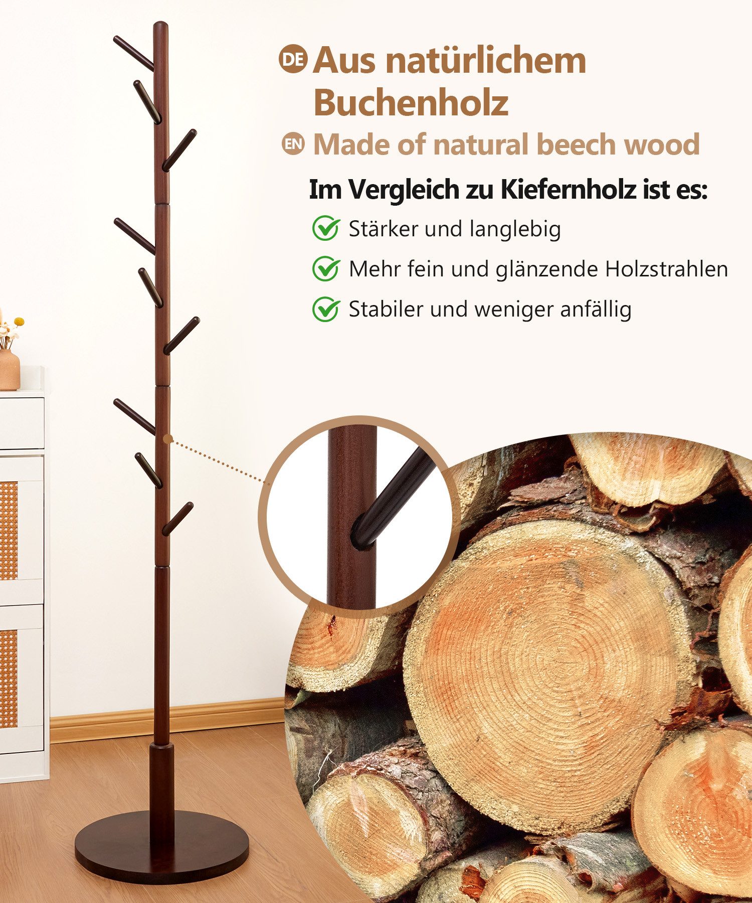 Yorbay Garderobenständer aus Buche Massivholz, Kleiderständer Baumform mit 9 Haken, 38 x 179 cm, Verstellbar Garderobenständer für Jacken, Hüte, Taschen, Braun