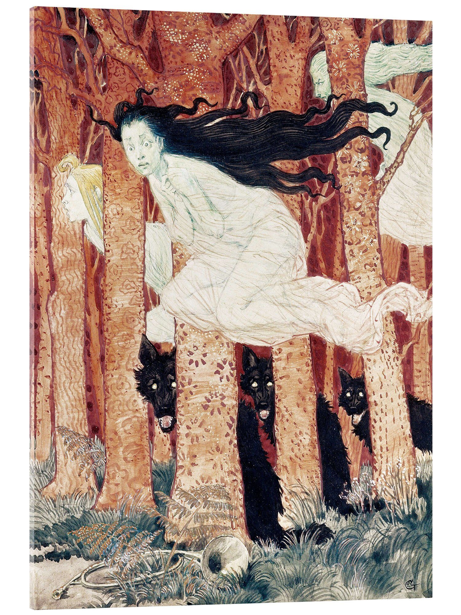 Posterlounge Acrylglasbild Eugène Grasset, Drei Frauen und drei Wölfe, Malerei
