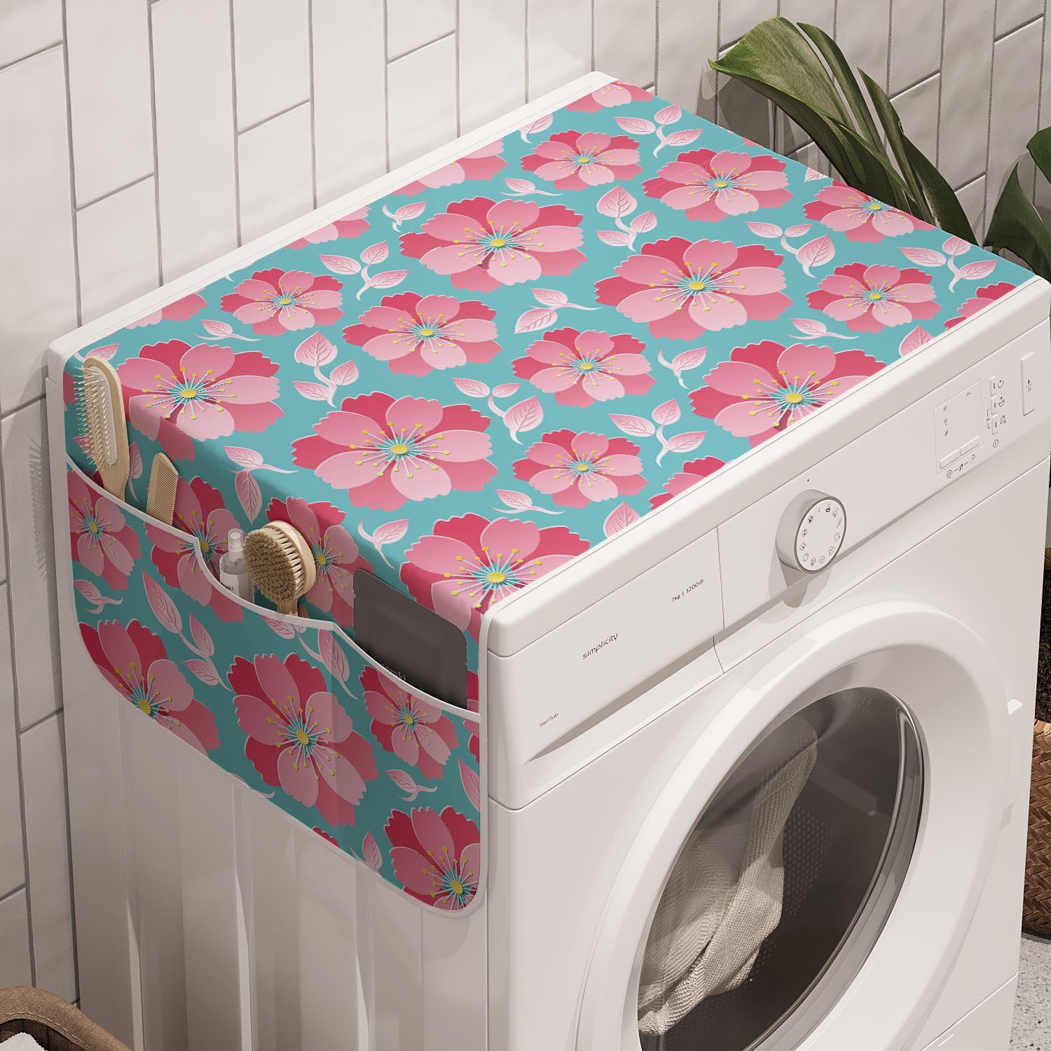 Abakuhaus Badorganizer Anti-Rutsch-Stoffabdeckung für Waschmaschine und Trockner, Blau Und Pink Zusammenfassung Petals