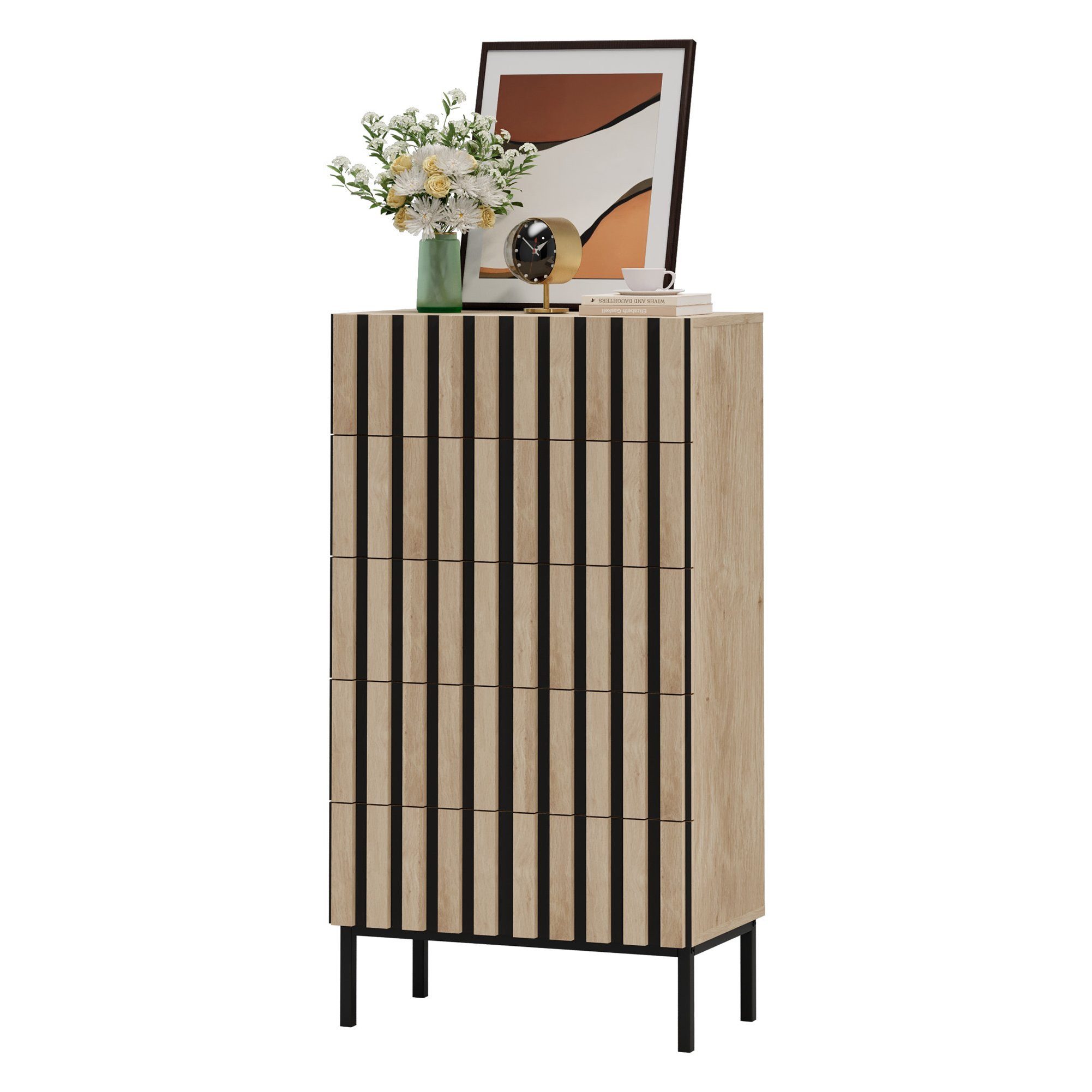 UEV Kommode schmal mit 4/5 Schublanden, Sideboard Beistellschrank Buffet (Aufbewahrungskommode, Mehrzweckschrank aus Holz(Natur/Schwarz/Dunkelbraun), Schrank für Wohnzimmer Schlafzimmer Flur