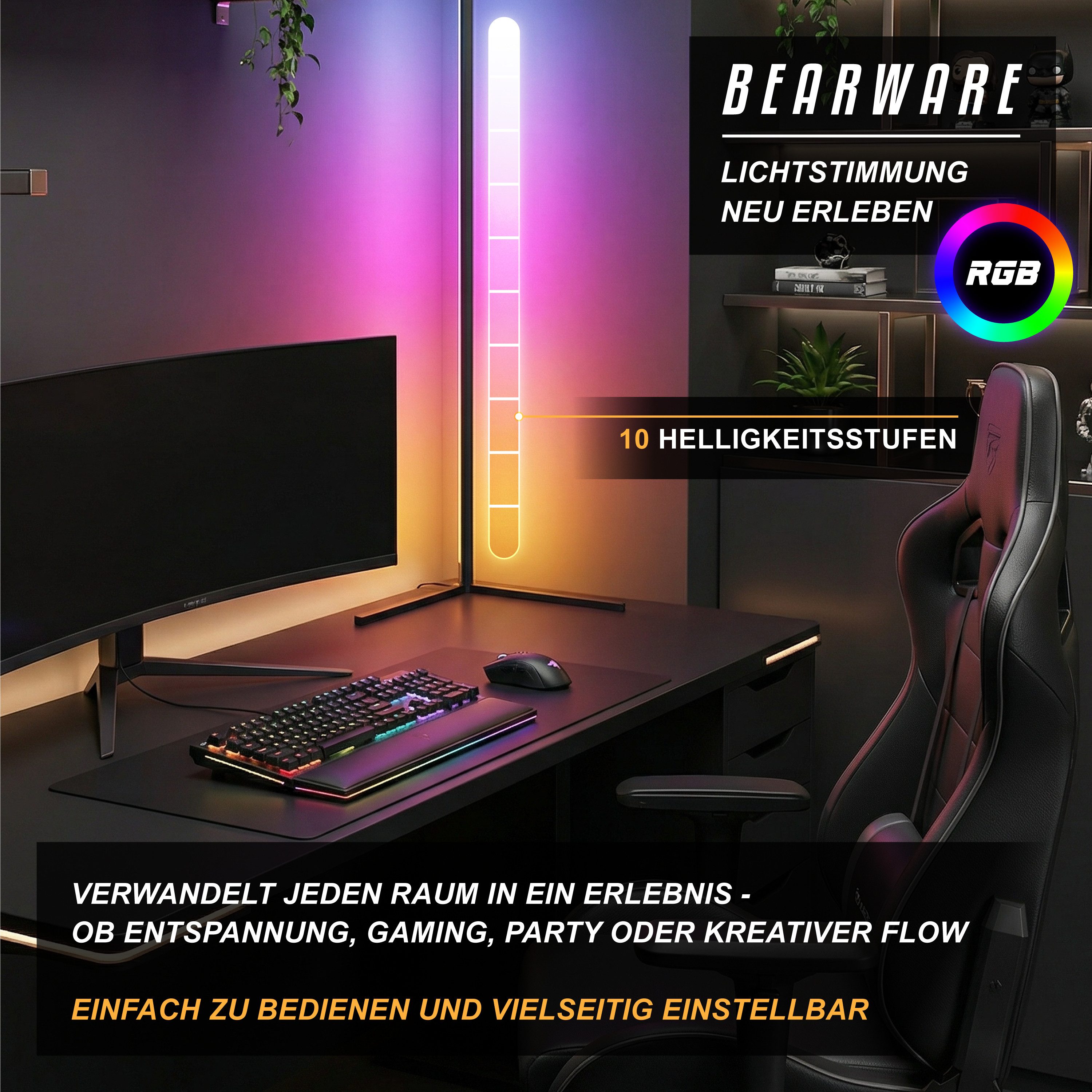 BEARWARE LED Stehlampe Smart Ecklampe, RGB Stimmungslicht mit Bluetooth App-Steuerung, 142 cm, Dimmfunktion; Farbwechsel, LED fest integriert, Farbwechsler, Musik Sync, Fernbedienung, Timer, Helligkeit & Geschwindigkeit wählbar