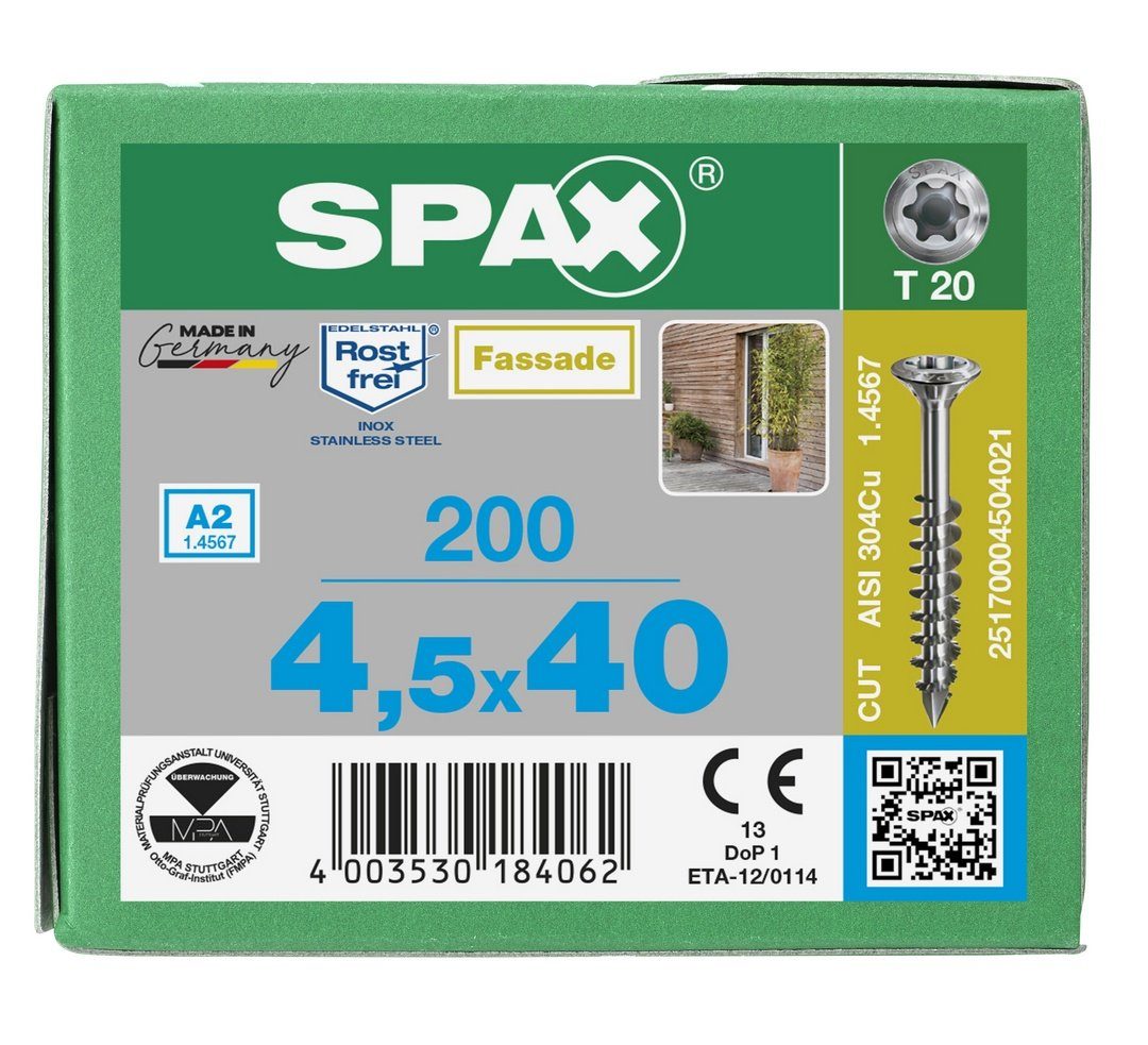 SPAX A2, 4,5x40 Fassadenschraube, Spanplattenschraube 200 St), (Edelstahl mm