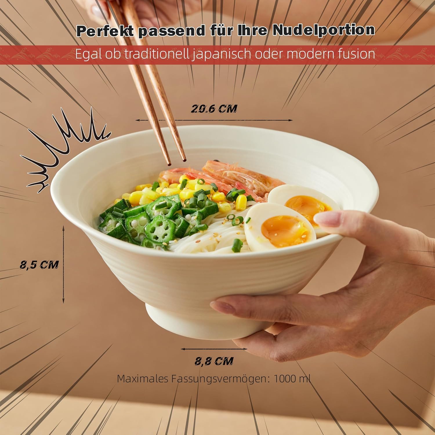 JIWOO Schüssel 4er Ø20cm, Japanische Ramenschüssel Suppenschüssel bowl Pastaschüssel, Keramik, (Schüsselset, 4-tlg), Bowl Hochwertiges Schüsseln Weiß Schüssel Mikrowellenofen Spülmaschine