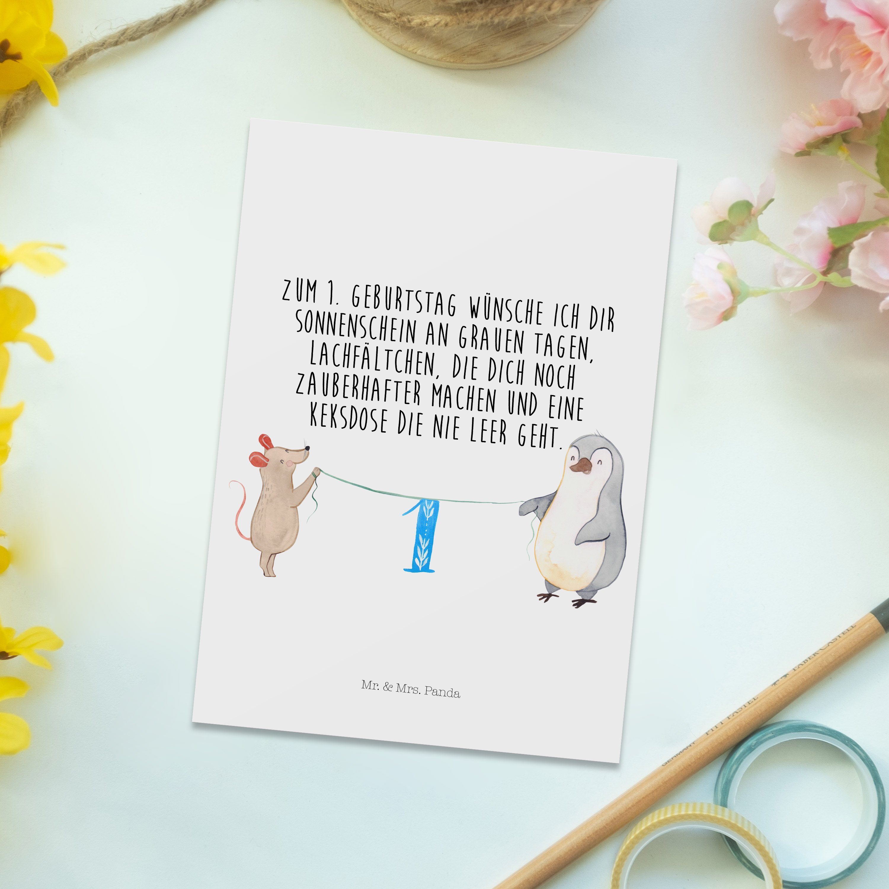 Weiß - 1. Pinguin Geschenk, - Mr. Panda & Geburtstagskarte, Mrs. Maus Torte Geburtstag Postkarte